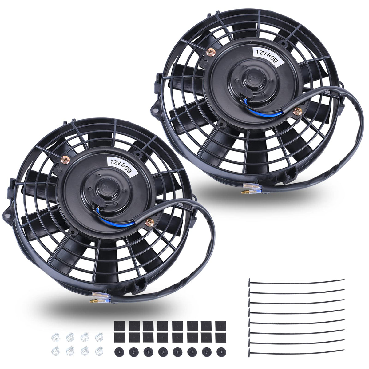Fgjqefg 12 Inch Universal Slim Fan Push Pull Electric Radiator 12V 80W High Performance Cooling Fan Mount Kit Blue 2 Pcs