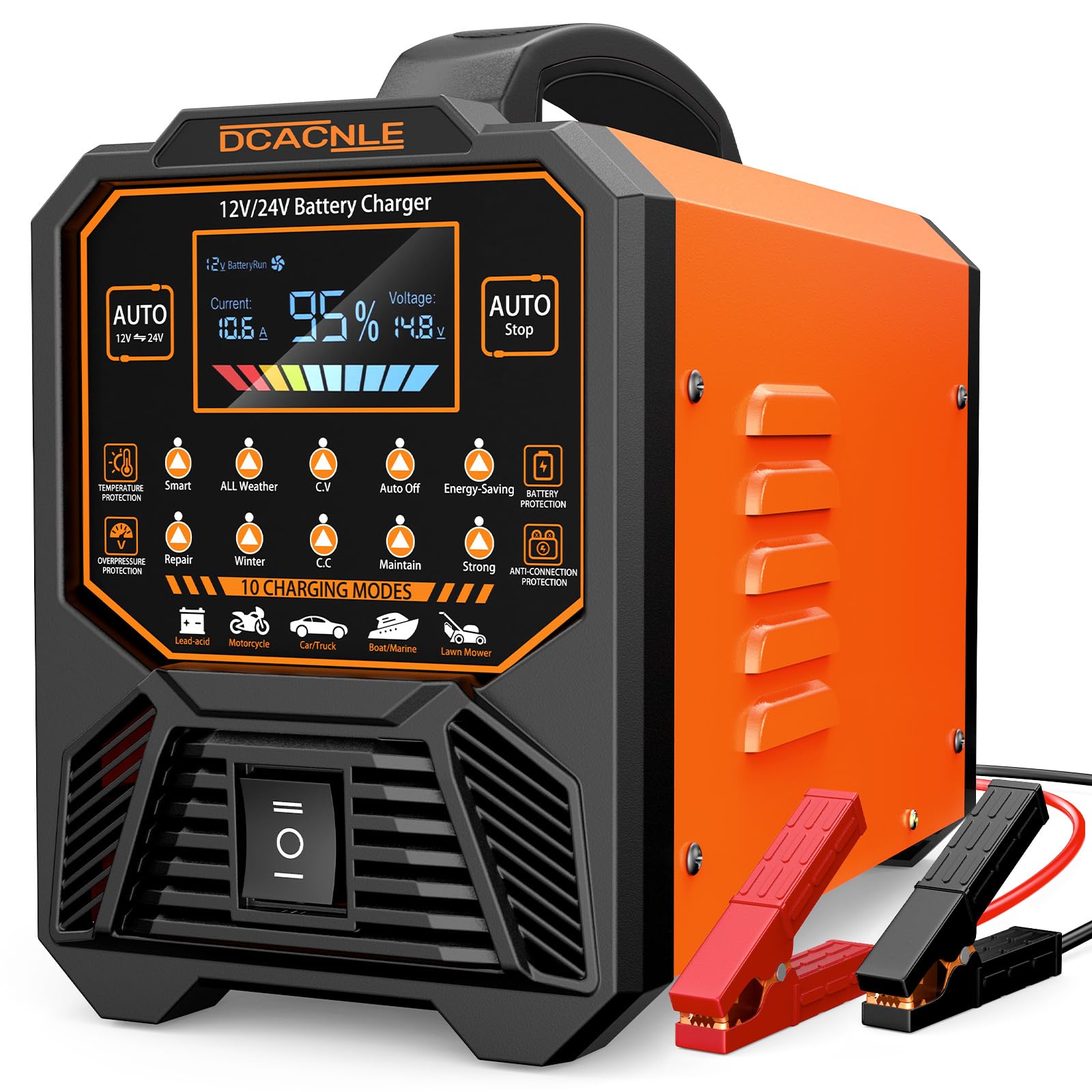 DCACNLE Car Battery Charger Heavy Duty,12V/24V Portable Smart Trickle Charger Battery Maintainer,Maintenance/Winter Mode,for AGM