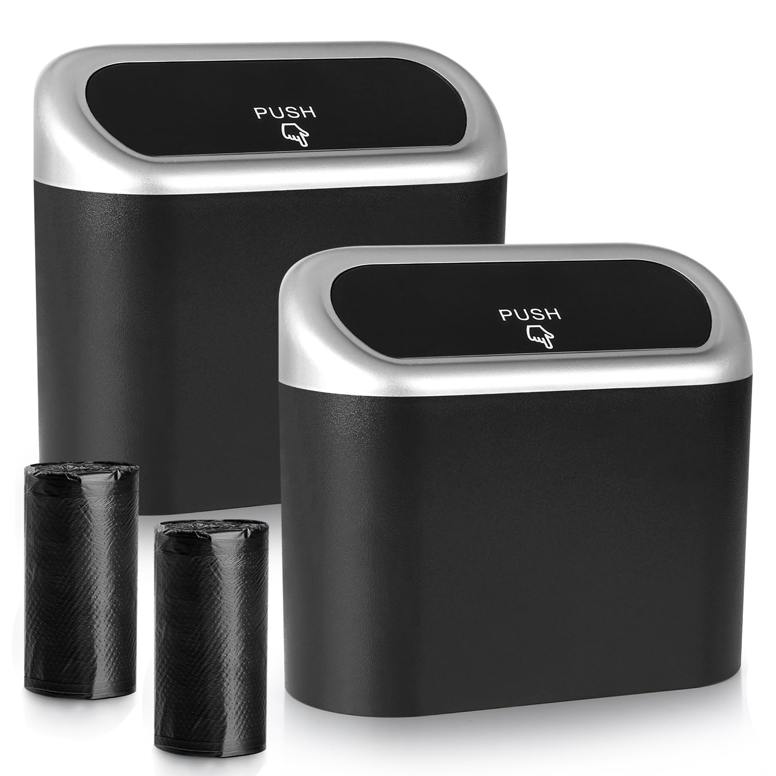 Accmor Car Trash Can With Lid, Mini Vehicle Trash Bin Car Dustbin Garbage Organizer Holder With Trash Bag, 2 Pack Small Hanging Leakproof Cars Storage Bag Container For Auto, Suv, Office (Silver)