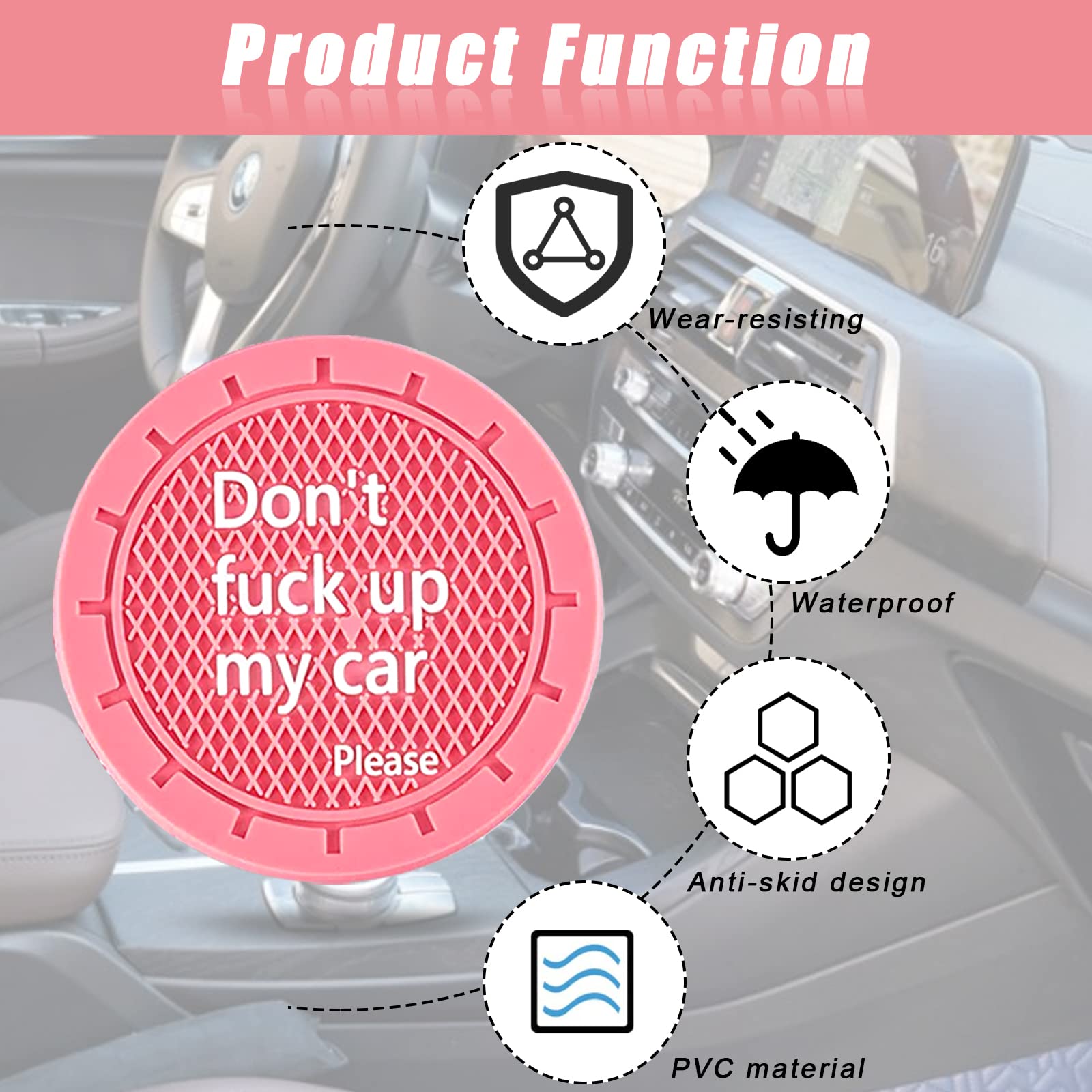 Car Cup Holder Coaster, Car Non-Slip Cup Holder Embedded Decorative Funny Coaster - Don'T Fuck Up My Car Please, Suitable For Most Car Interior Accessories For Women Men (Pink)