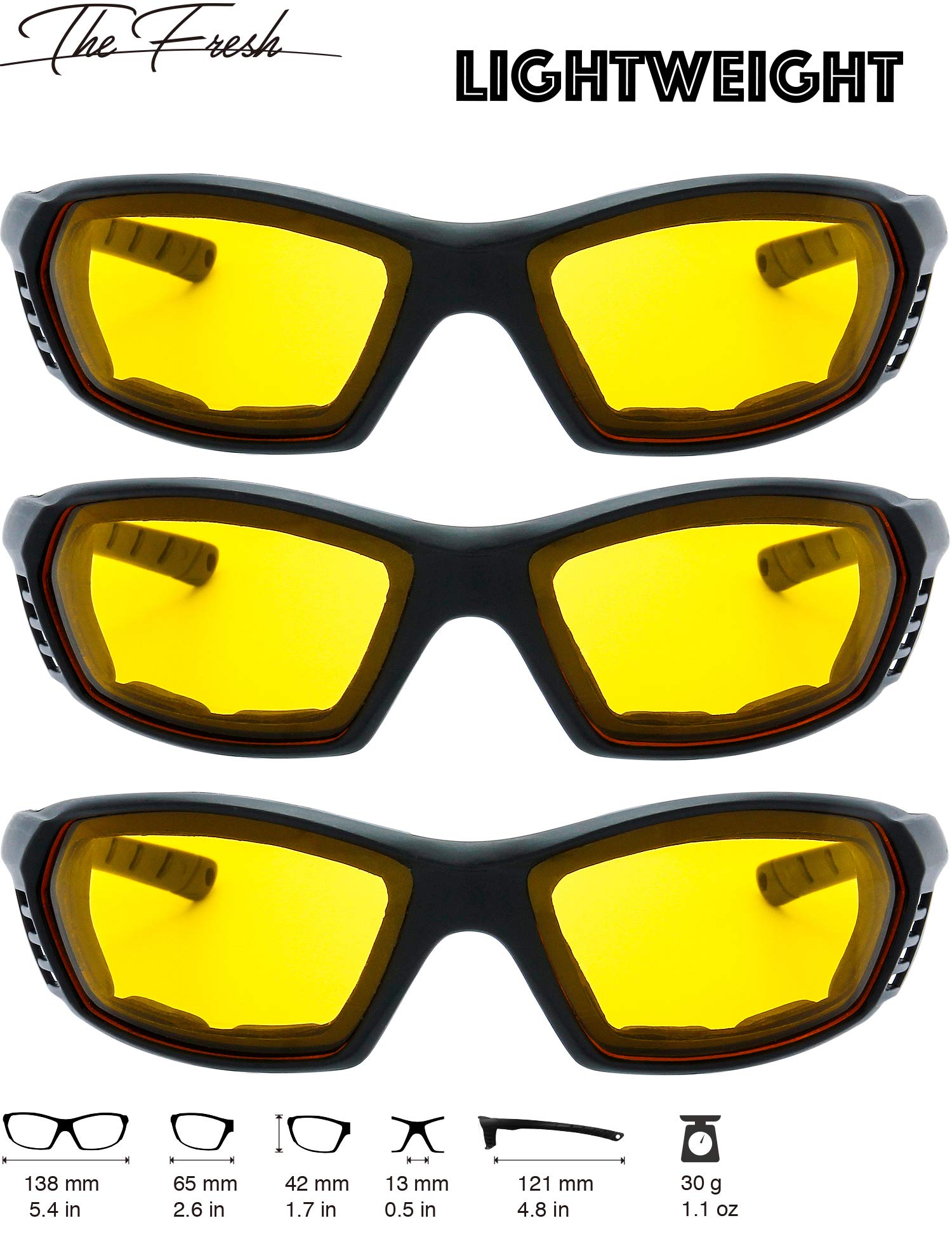 The Fresh Motorcycle Riding Glasses Padded Frame Lens Block 100% Uvb For Outdoor Activity Sport (27-Black, 3 Pairs Of Yellow)