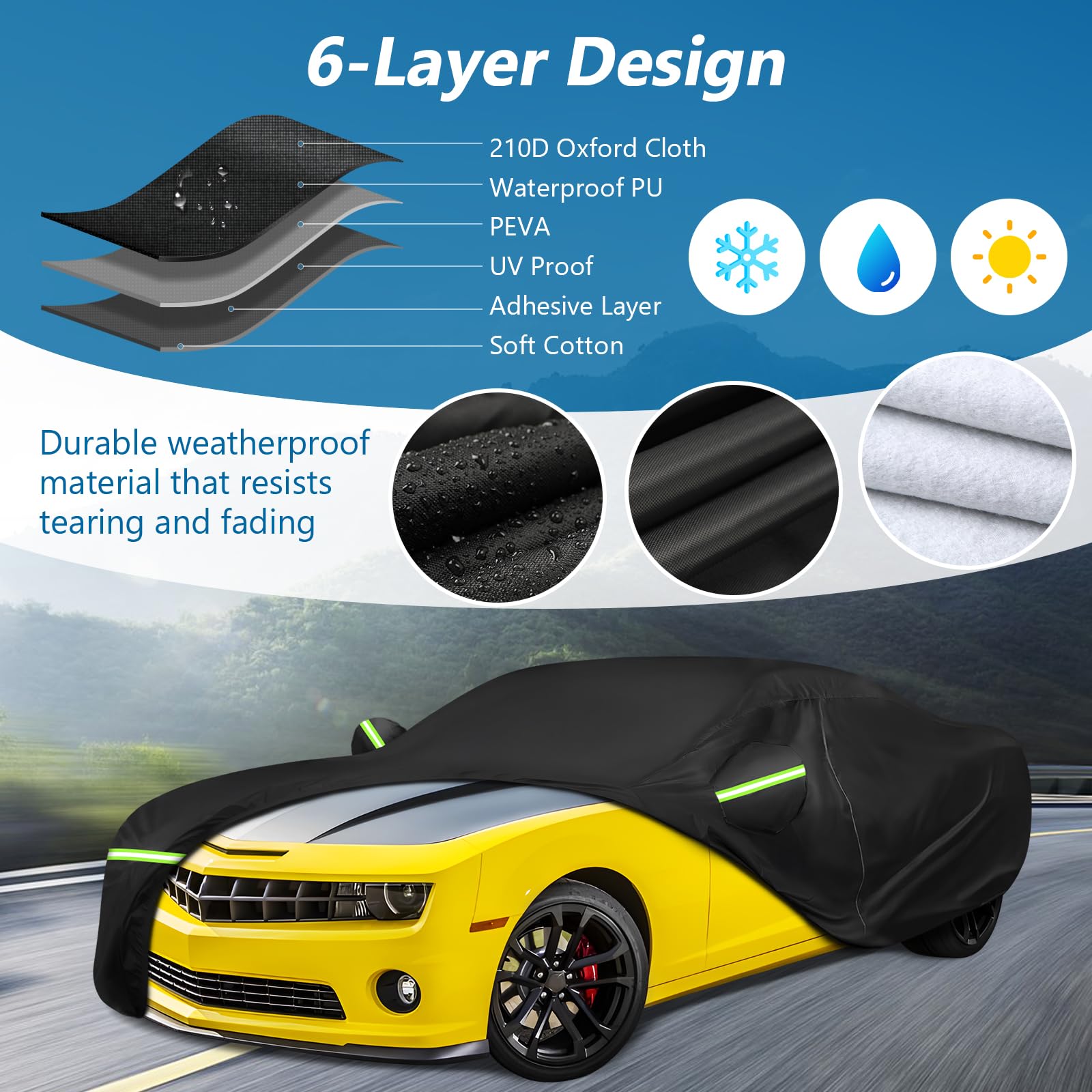 for Camaro Full Car Cover 2010-2025 All Weather, Outdoor Car Covers with Zipper and Soft Cotton Lining, Windproof Heavy Duty Wat