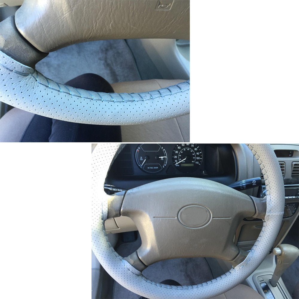 Onerbuy Universal Leather Car Steering Wheel Stitch On Wrap Cover Diy Sewing Breathable And Anti Slip, 15-Inch (Gray)
