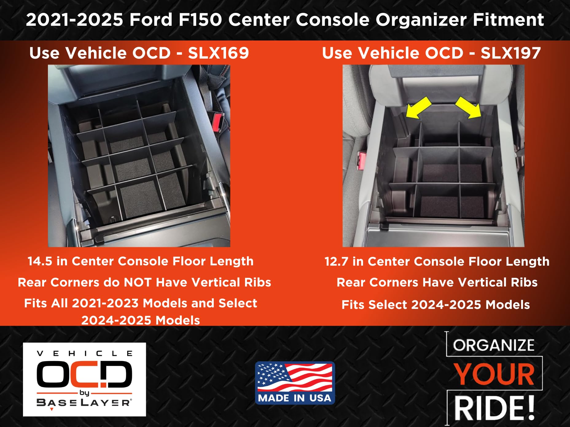 Vehicle Ocd - Center Console Organizer For Ford F150 (Select 2024-2025 Models) (Full Console W/Bucket Seats Only) - Made In Usa