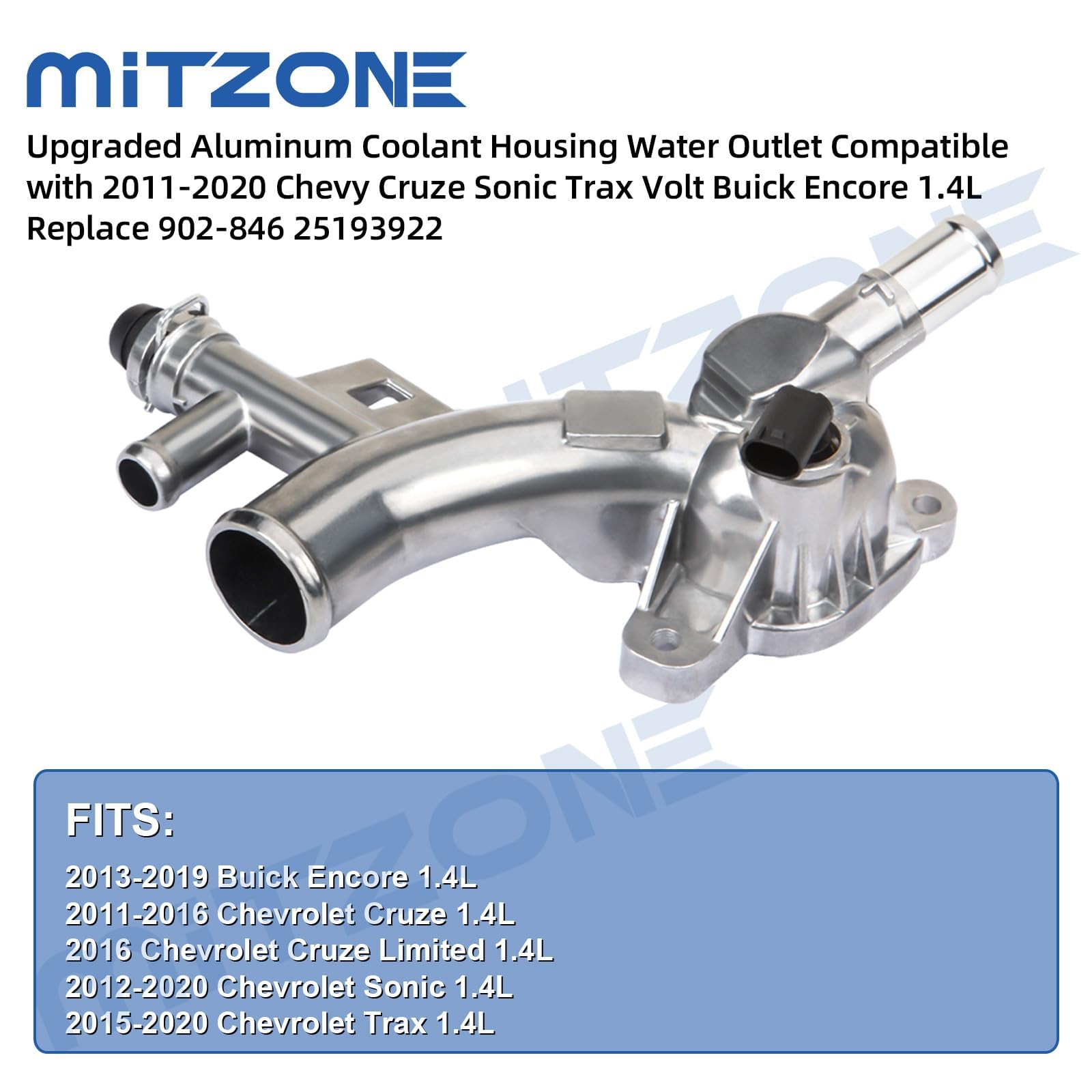 Mitzone Upgraded Aluminum Coolant Housing Water Outlet Compatible With 2011-2020 Chevrolet Cruze Sonic Trax Volt Buick Encore 1.