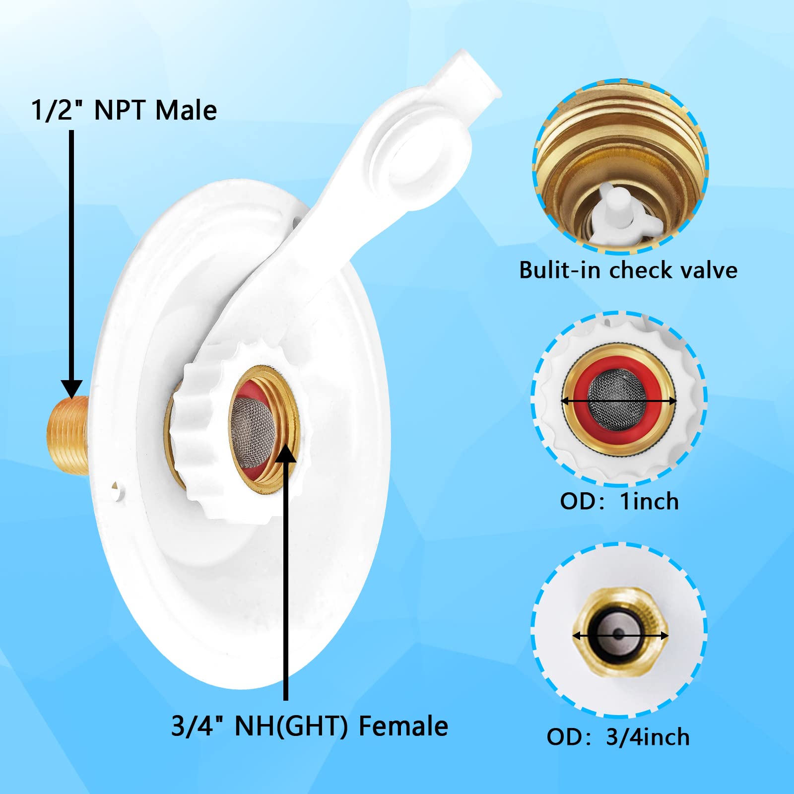 Rv City Water Fill Inlet Flange Check Valve Water Hookup Connector 3/4 Nh Female To 1/2 Npt Male Mount Lead-Free Brass Flush Rv Water Backflow Preventer With Dust Plug For Rv Camper Motorhome