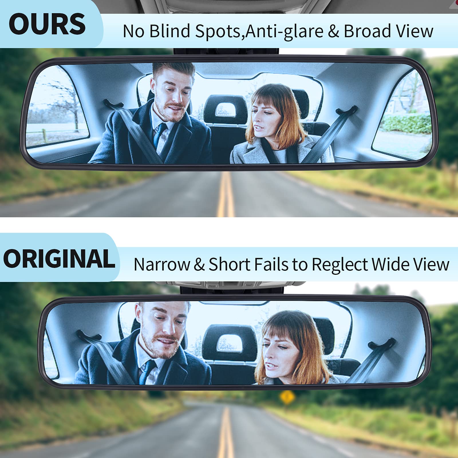 Wontolf 12'' Rear View Mirror Universal Rearview Mirror Interior Anti-Glare Frameless Panoramic Wide Angle Hd Rearview Mirror With Suction Cup For Car Truck Suv Boats Van (Blue)