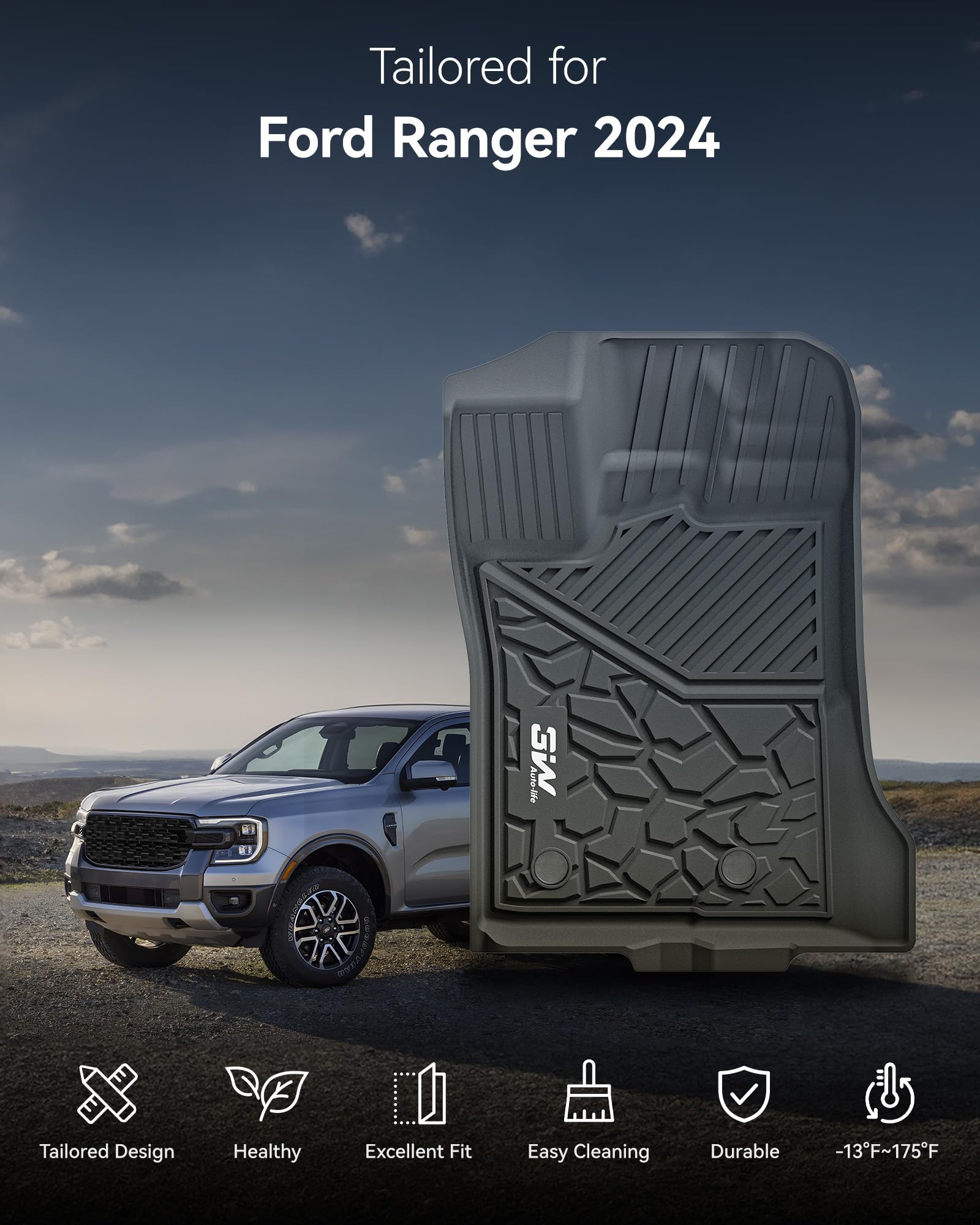 3W Floor Mats Fit For Ford Ranger Supercrew 2024,1St & 2Nd Row Tpe Car Accessories Custom Fit All Weather Car Liner For Ford Ran