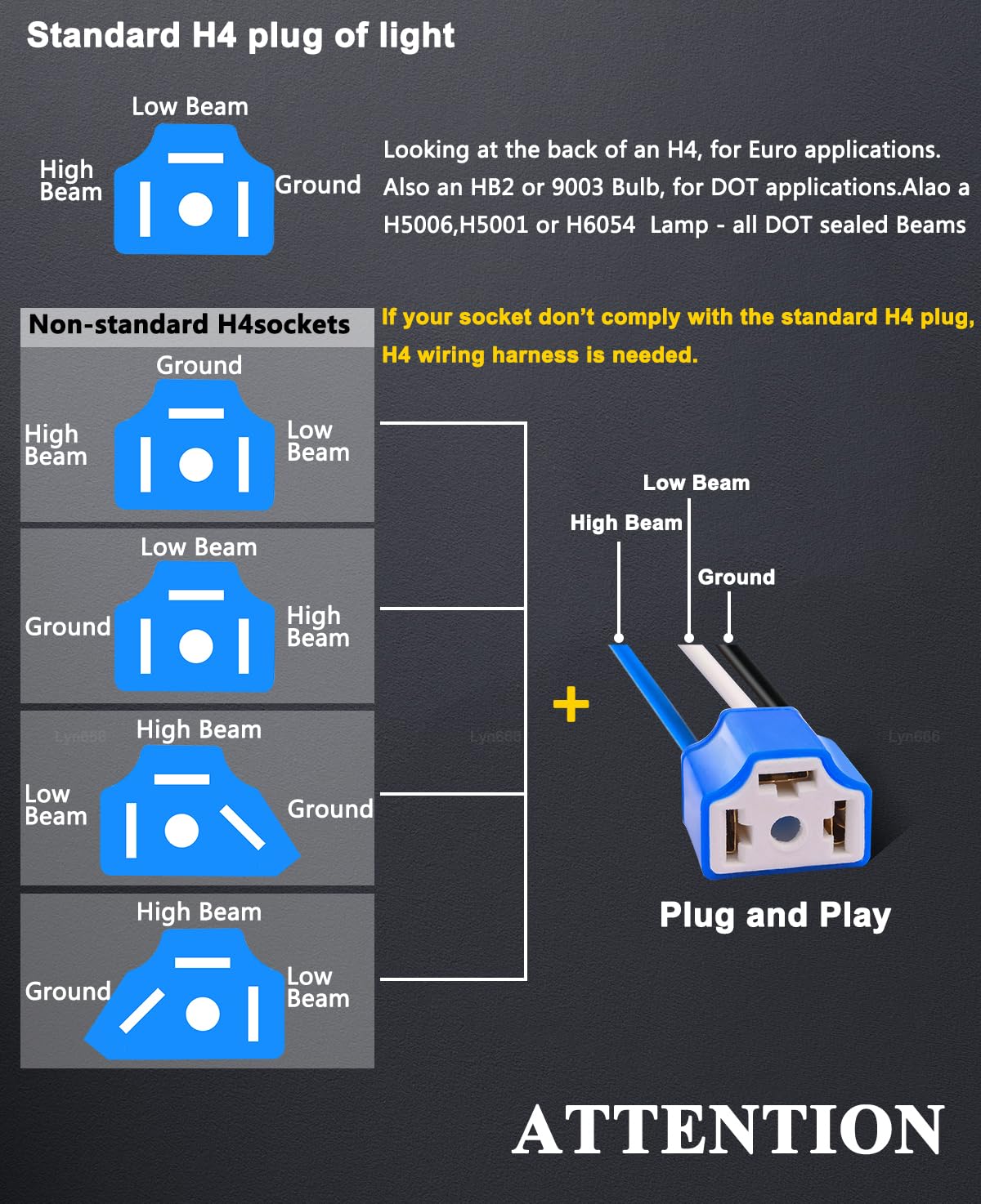 H4 Pigtail Headlight Socket H4 Connector Wiring Harness Female Plug 14Awg Ceramic H4 9003 Pigtail Connector (Pack Of 2)