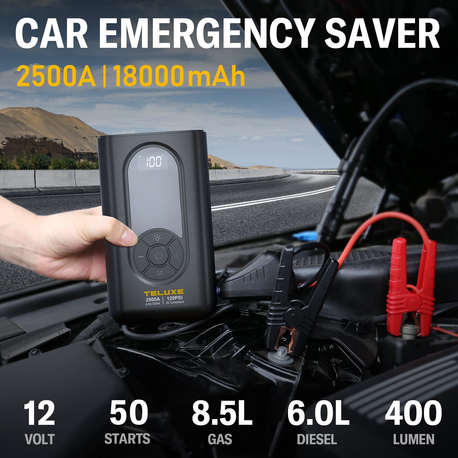 Teluxe Jump Starter With Air Compressor, 2500A 150Psi Car Battery Jump Starter With Digital Tire Inflator, 12V Lithium Jump Box