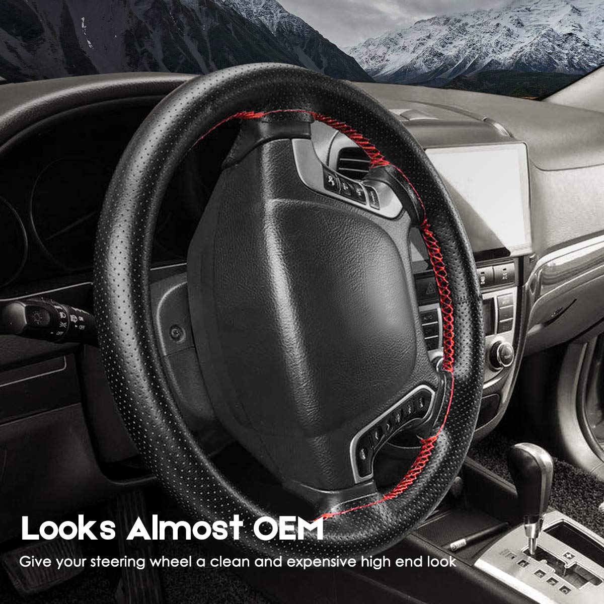 Belinous Universal Leather Car Steering Wheel Cover, Stitch On Wrap (Size L5, Black)