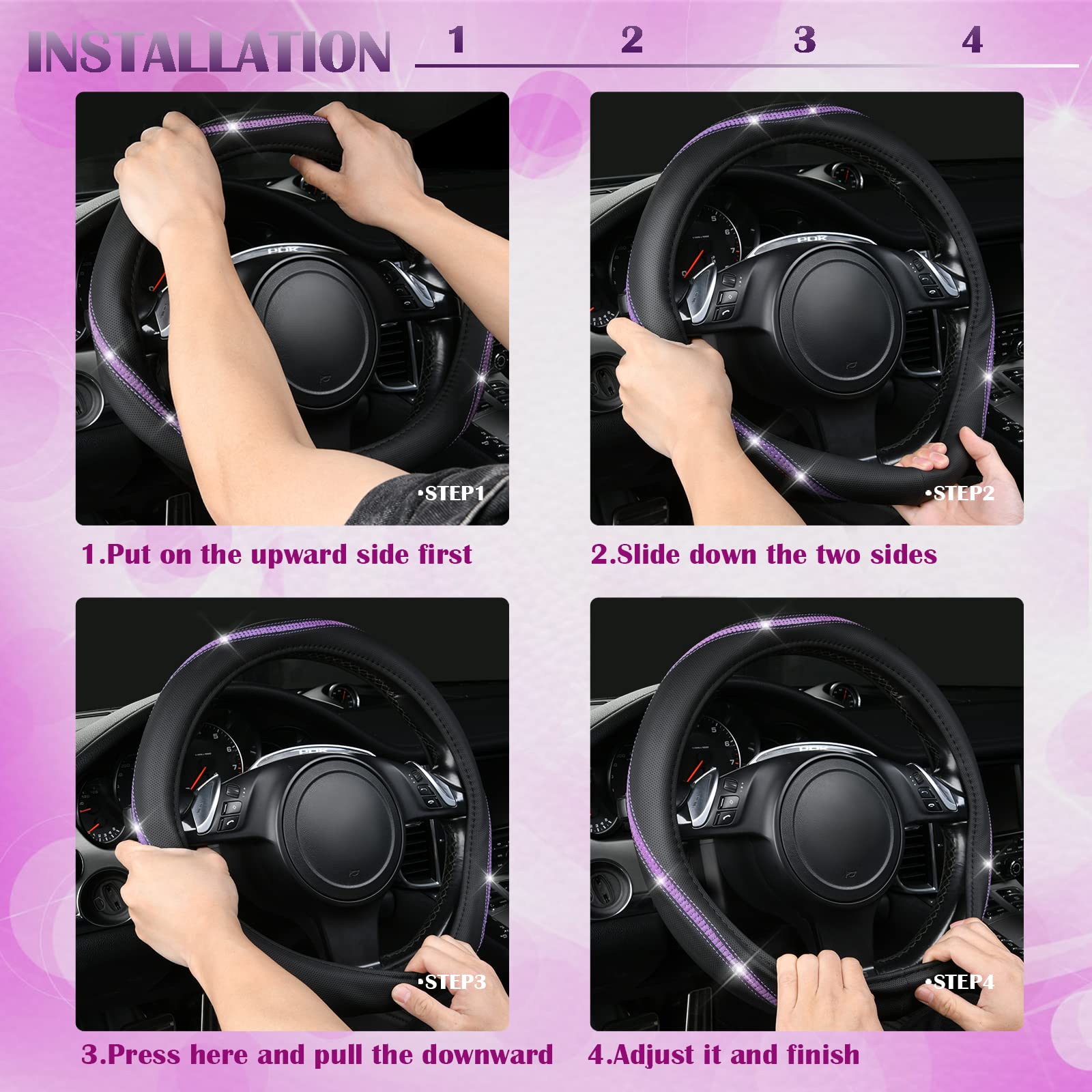 Car Pass Bling Diamond Black Leather Steering Wheel Cover, Studded Crystal Rhinestones Universal Fit 14' 1/2-15' Glitter For Women Sparkle Girl Fit Suvs,Vans,Sedans,Car,Trucks, Purple Diamond