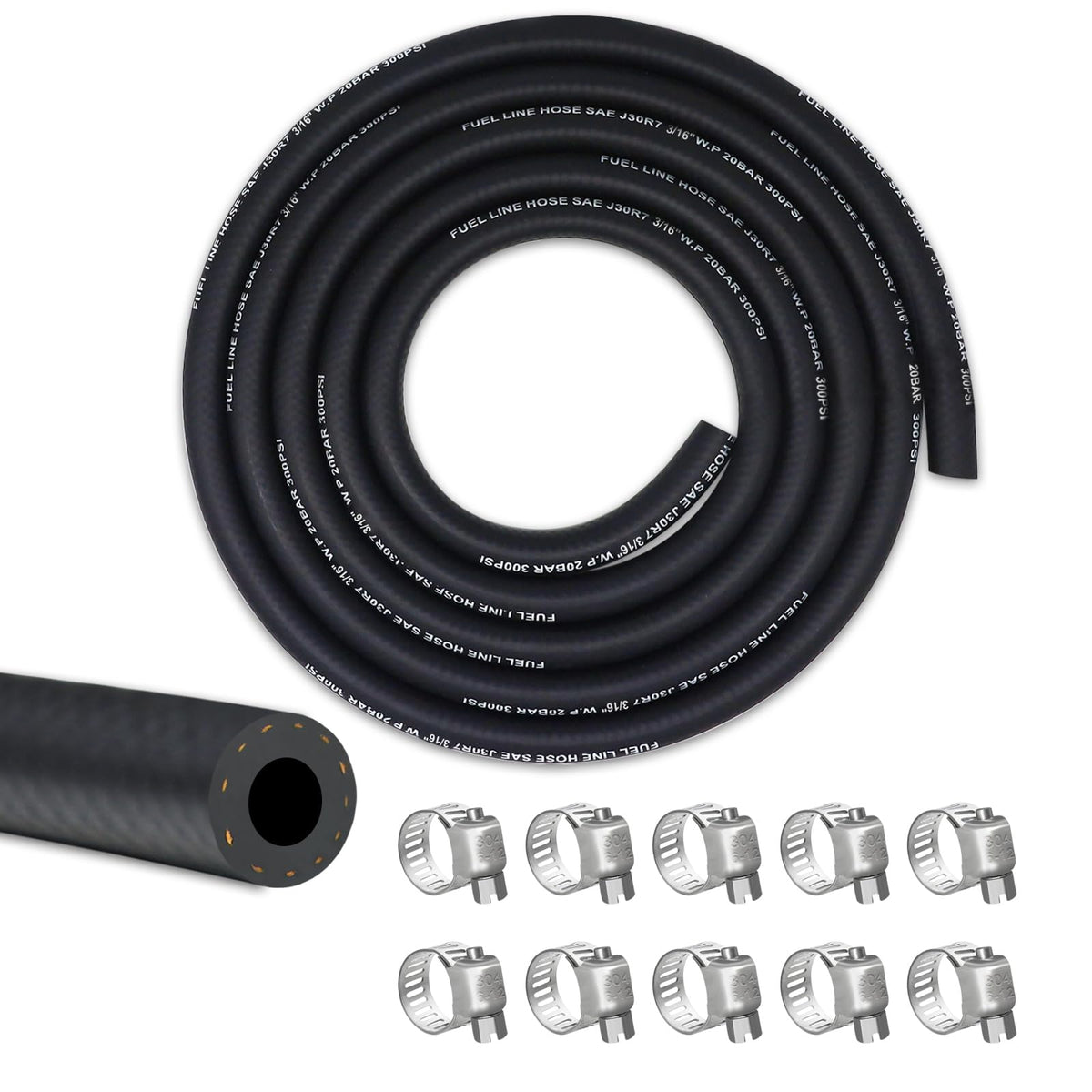 Vwtni 3/16 Fuel Line, Fuel Line Hose 10 Feet, Nbr Rubber Gasoline Tube With 10 Pcs Stainless Steel Fuel Line Clamps, Fuel Line K