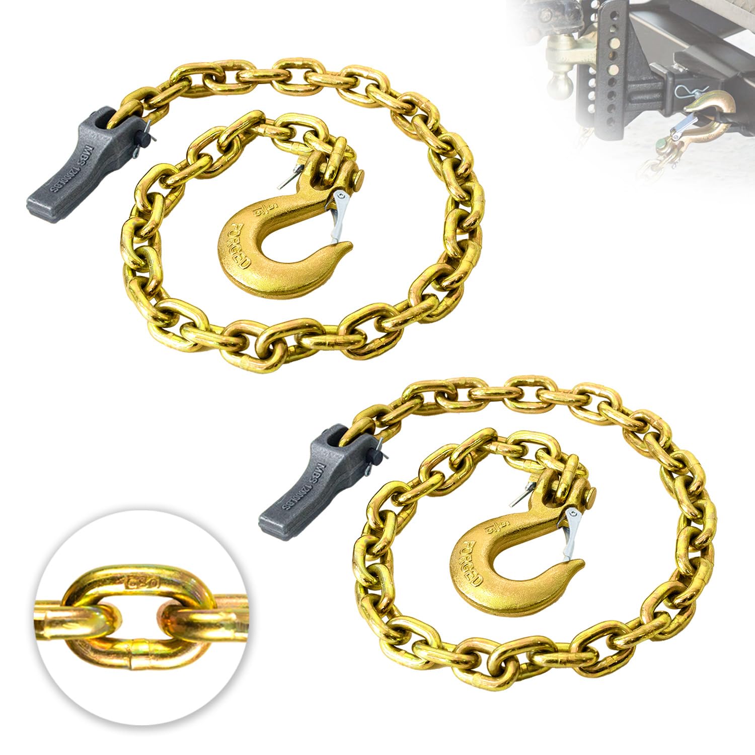 TKK 2-Pack Trailer Safety Chain - 35 Inch Chain with 5/16'' Clevis Snap Hook and Retainer | 21,000 lbs Break Strength | Secure T