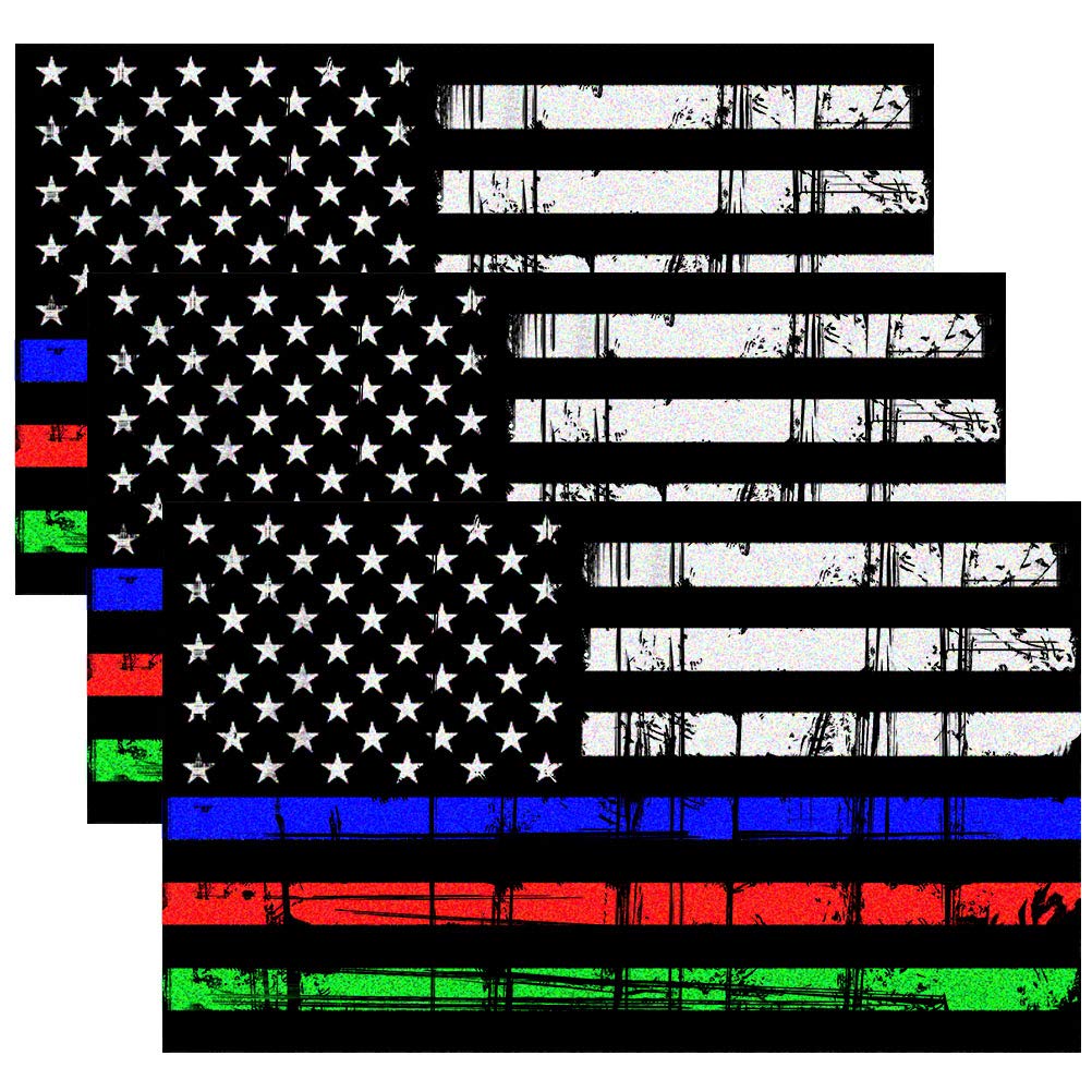 Creatrill Reflective Tattered Thin Blue Red Green Line Decal Matte Black - 3 Packs 3x5 in. American USA Flag Decal Stickers for 