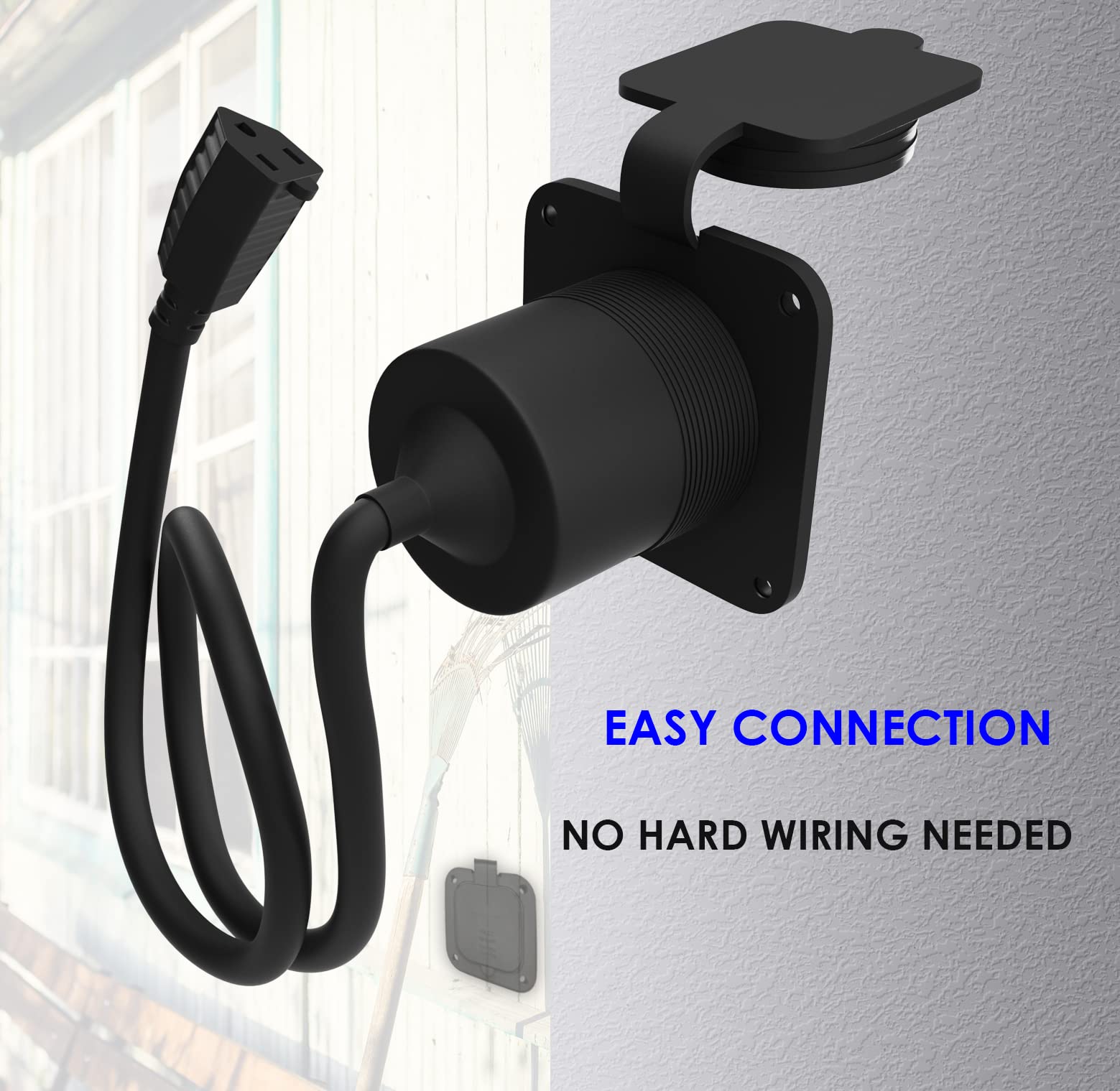 15 Amp Ac Port Plug, 125 Volt Power Inlet, Waterproof Electrical Outlet Receptacle With 18-Inch Extension Cord, 2 Pole 3 Wire Nema 5-15 Flanged Inlet Plug For Electrical Connections