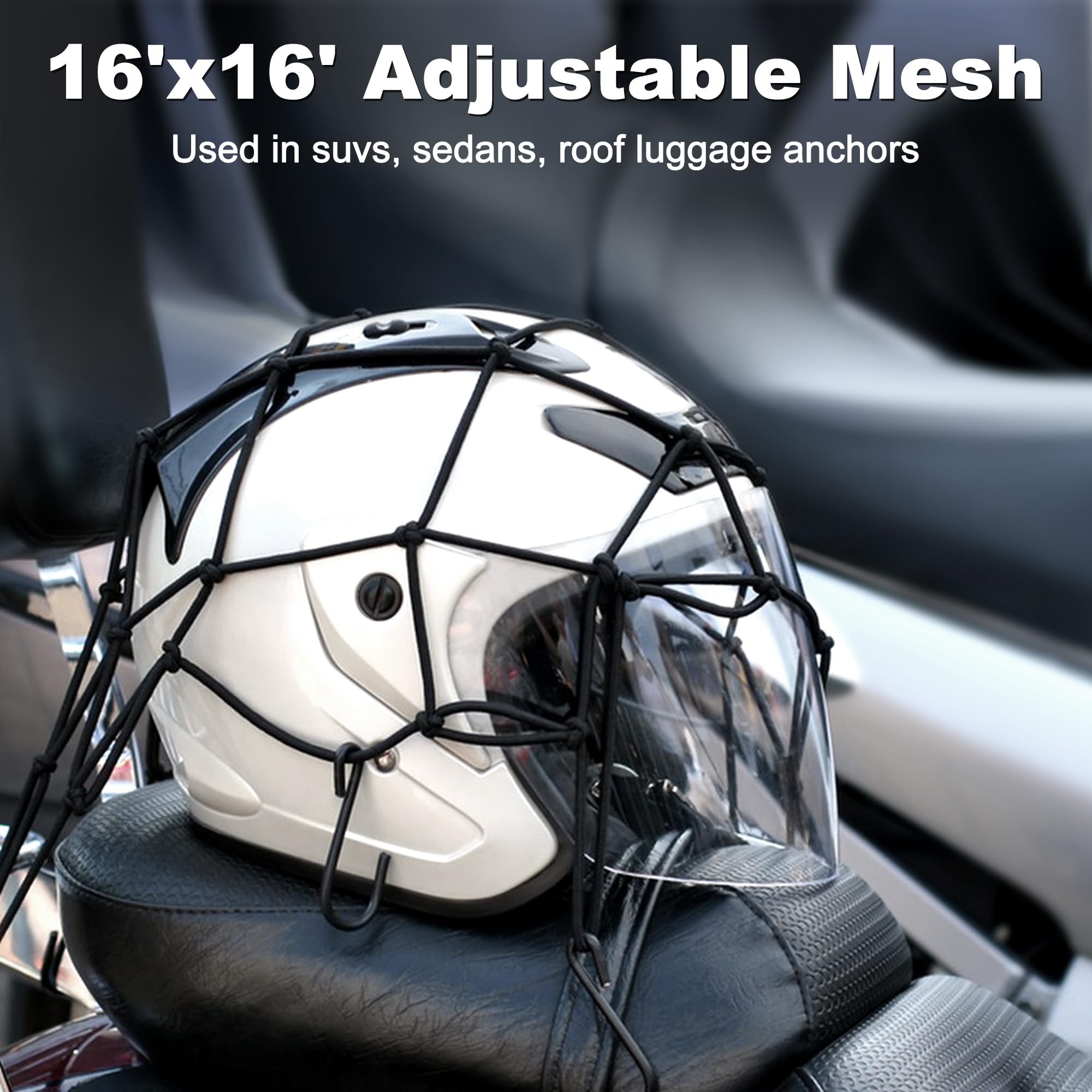 JAGASOL Cargo Nets for Motorcycle Helmet 16''X16'' Elastic Bungee Net Storage Featuring 6 Hooks Tight 2''x2'' Mesh Luggage Strap