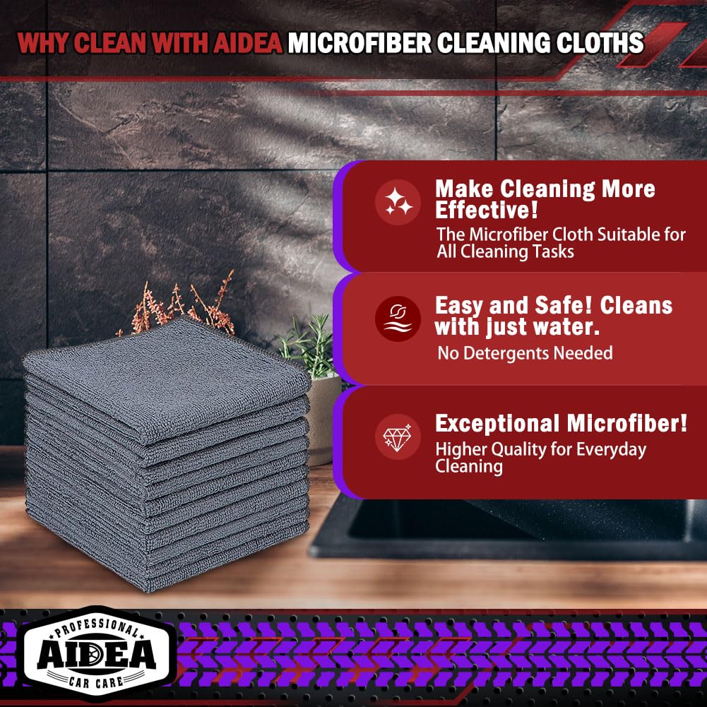 Aidea Microfiber Cleaning Cloth Grey 10Pk, Micro Fiber Cloth For Cleaning Cars, Premium All Purpose Car Towels, Dusting Cloth Cl