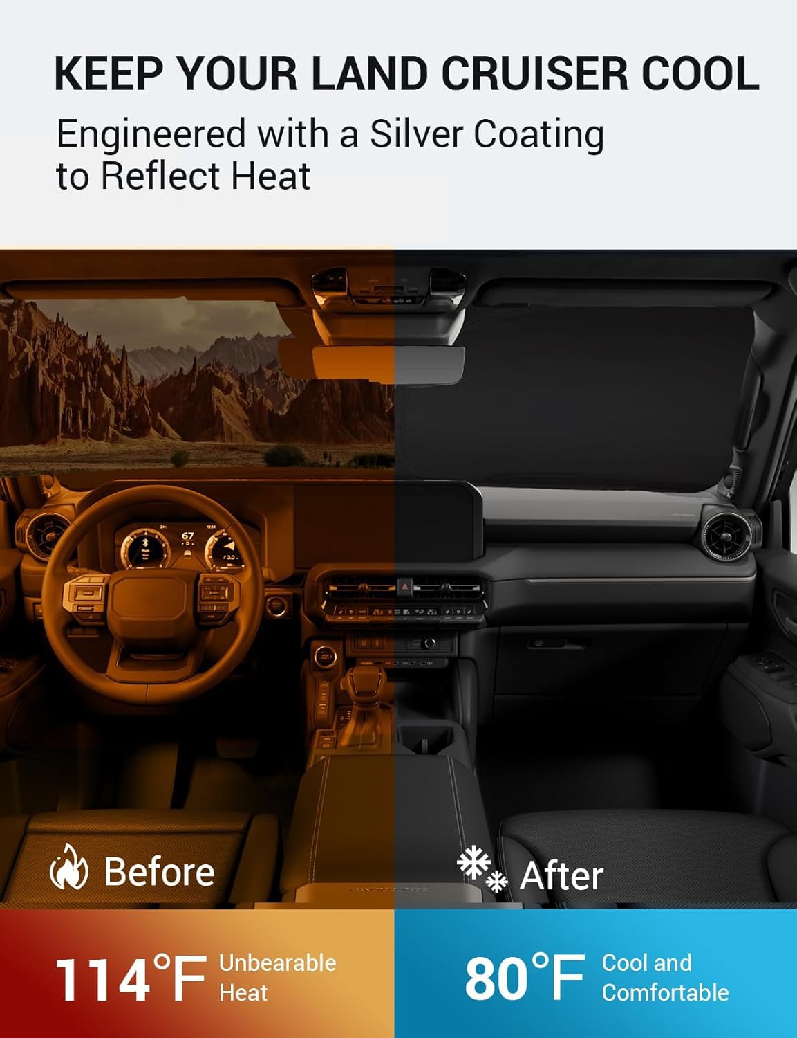 Proadsy Windshield Sun Shade for 2024-2026 Toyota Land Cruiser, Black & Silver, Foldable UV Protection, Model PRS395, Polyester