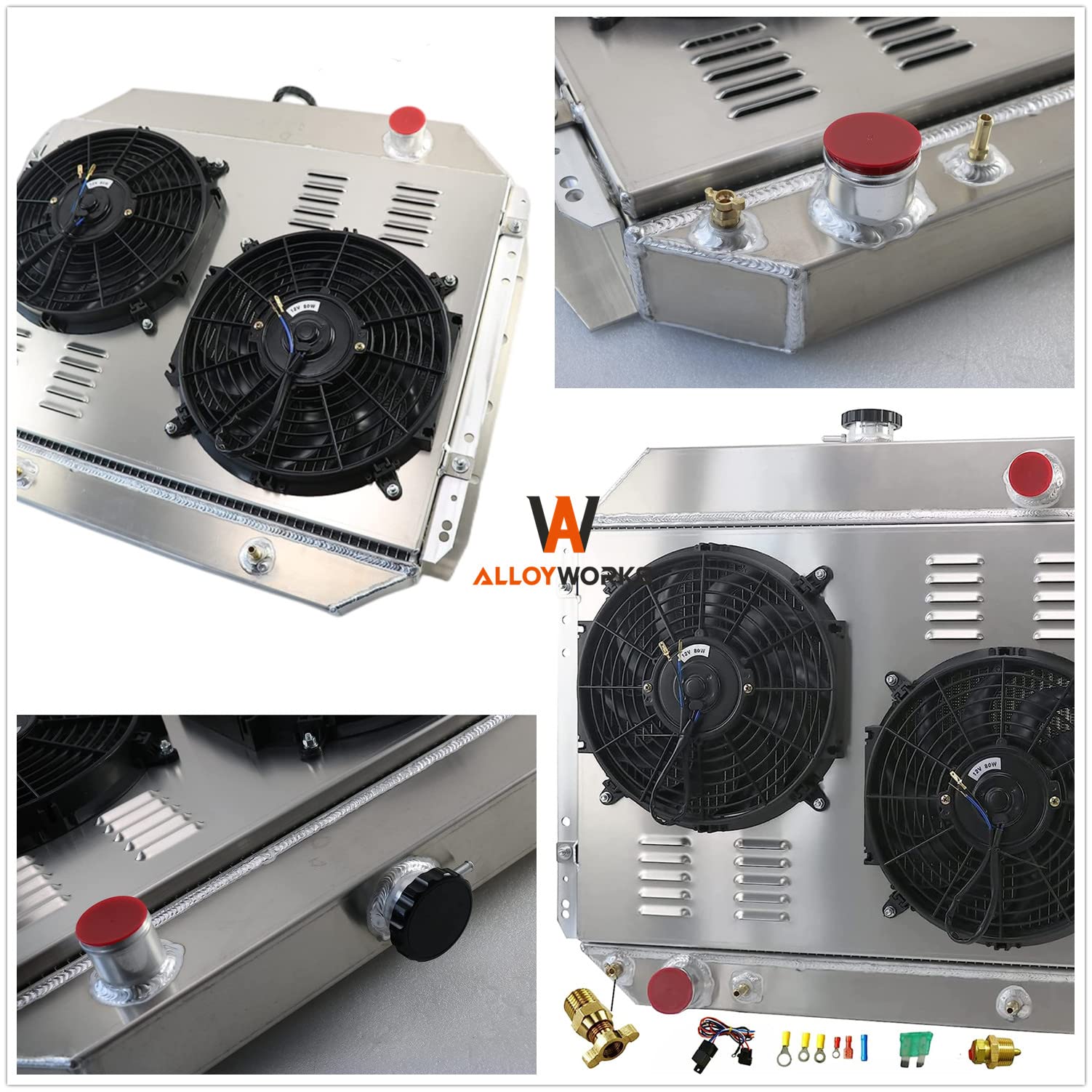 ALLOYWORKS 4 Row All Aluminum Radiator Shroud Fan Thermostat Kit for 1966-1979 Ford F100 F150 F250 F350 Bronco V8 Chevy Engine,