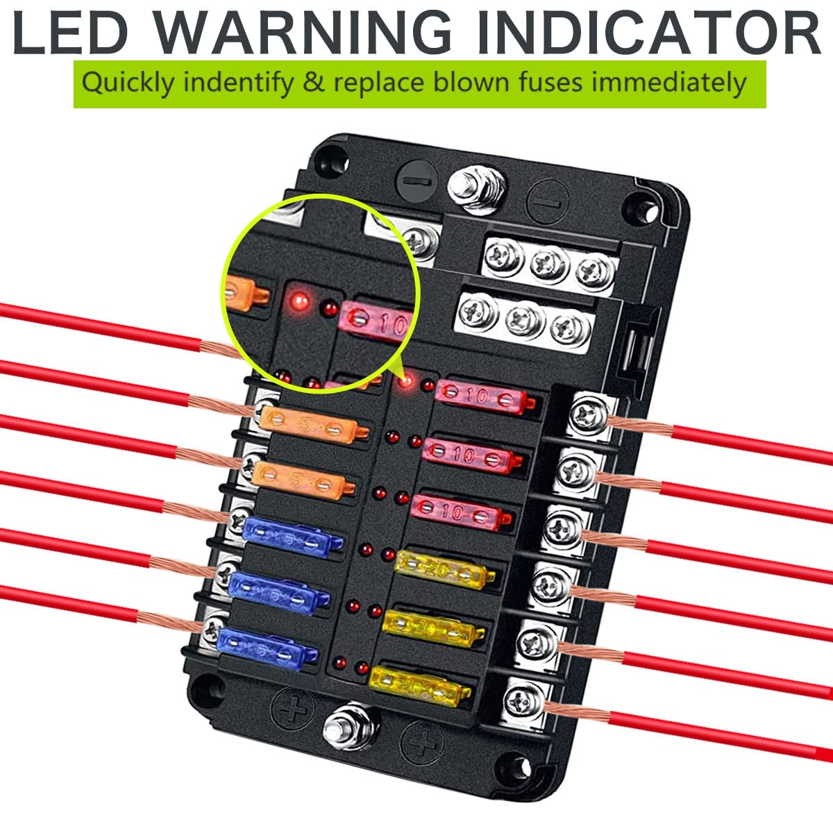 12 Volt Fuse Block, Marine Boat Fuse Block Waterproof 12 Way Automotive Fuse Box With 12 Ground Negative Busbar [100 Amp Max] [Led Indicator] For Car Rv Truck Golf Cart