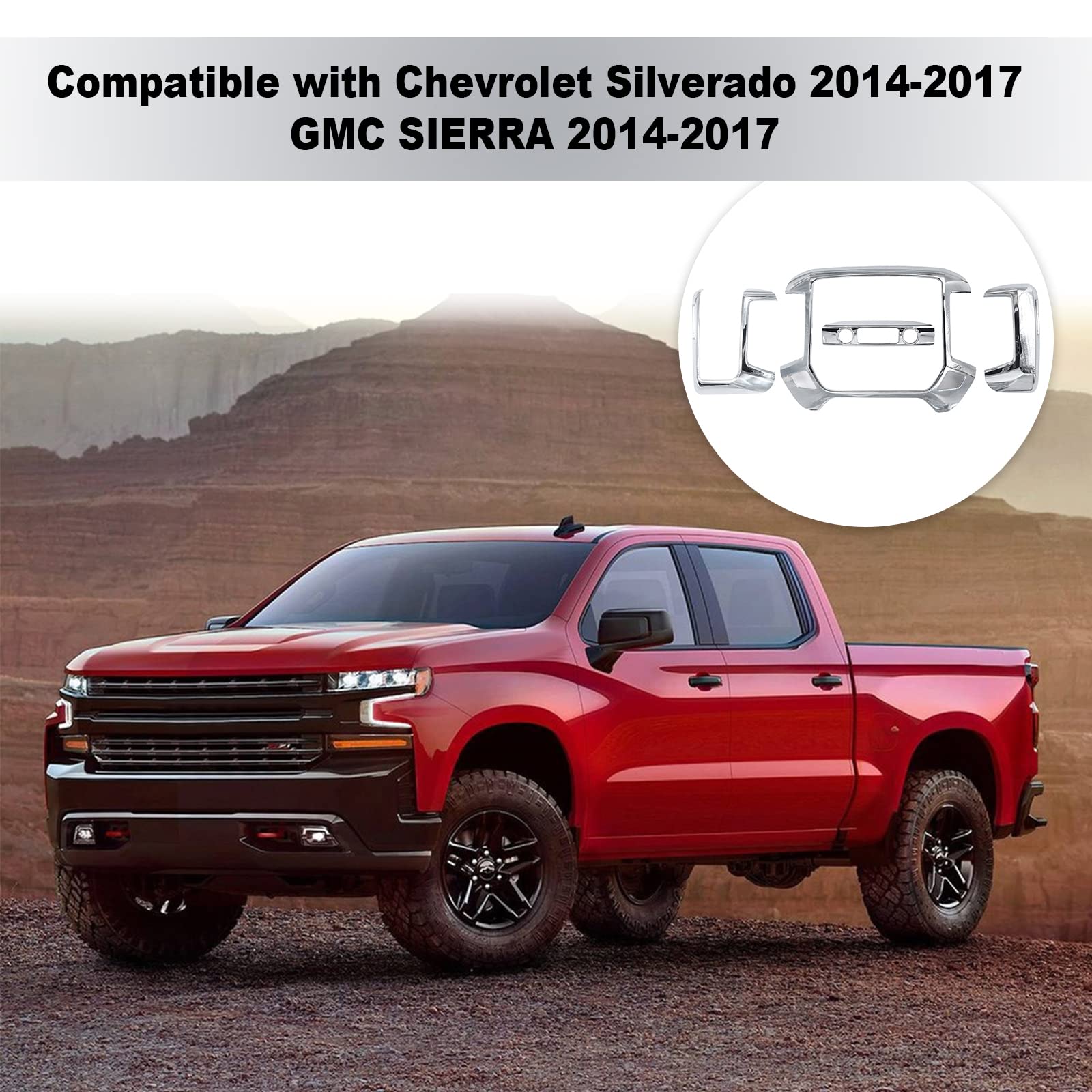 RT-TCZ for Silverado Dash Panel Trim Cover Chrome Bezel for GMC Sierra Chevy Silverado 2014-2017 Chrome Interior Accessories 4pc