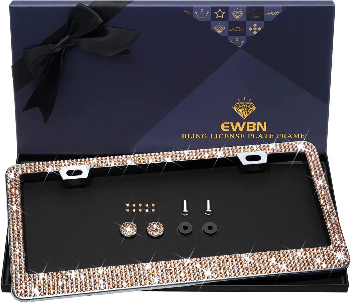 Bling License Plate Frame For Women, 1Pcs Sparkly License Plate Frames| Over 1200 Pcs 14 Facets Bedazzled Clear Glass Diamond Rhinestone Crystals W/Free Glitter Diamond Box (Champagne)