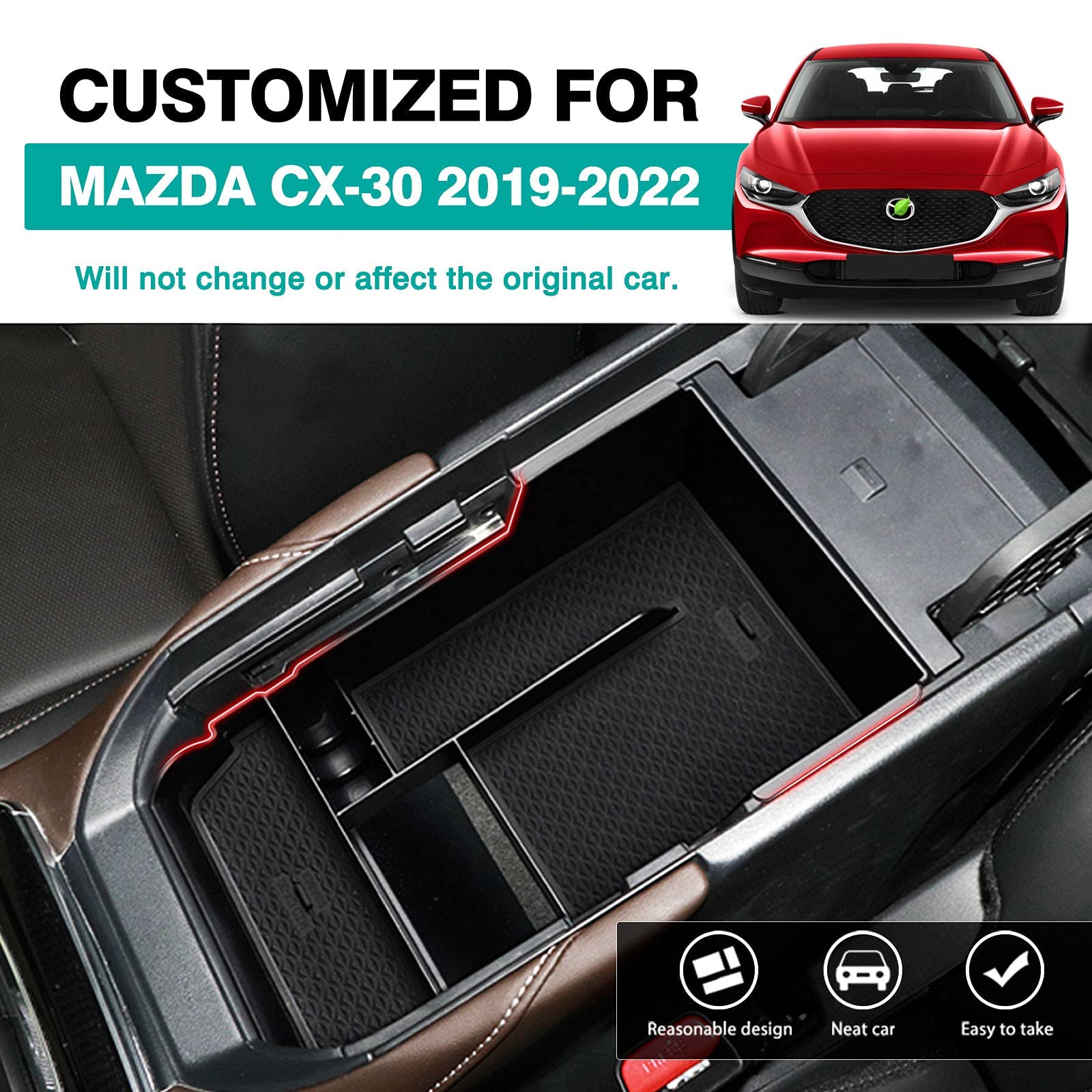 Autorder Center Console Organizer For Mazda Cx-30 Cx30 2020 2021 2022 2023 2024 2025 Accessories Armrest Storage Box Secondary Insert Tray With Black Anti-Slip Mat