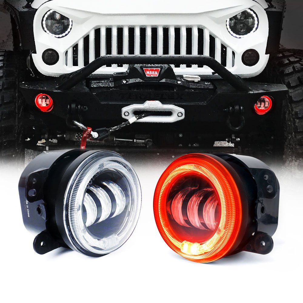 Xprite Fog Lights w/Red Halo Ring Angle Eye DRL, 4 Inch Foglights Compatible with 07-18 Jeep Wrangler JK, 60W LED Front Bumper R