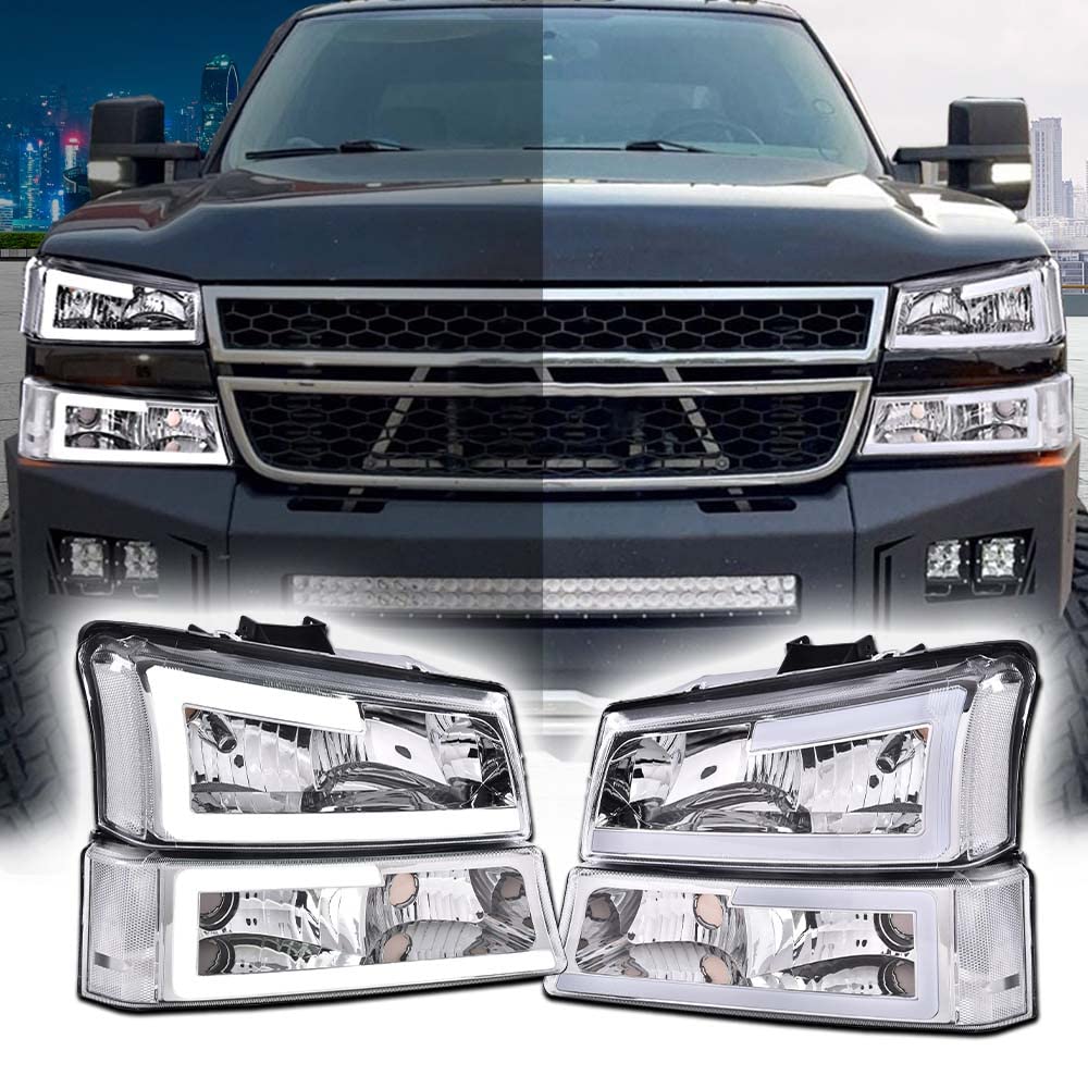 2Pcs Chrome Housing Clear Corner Headlights Assembly For 2003-2007 Chevy Silverado/Avalanche, Left & Right Headlights Assembly H