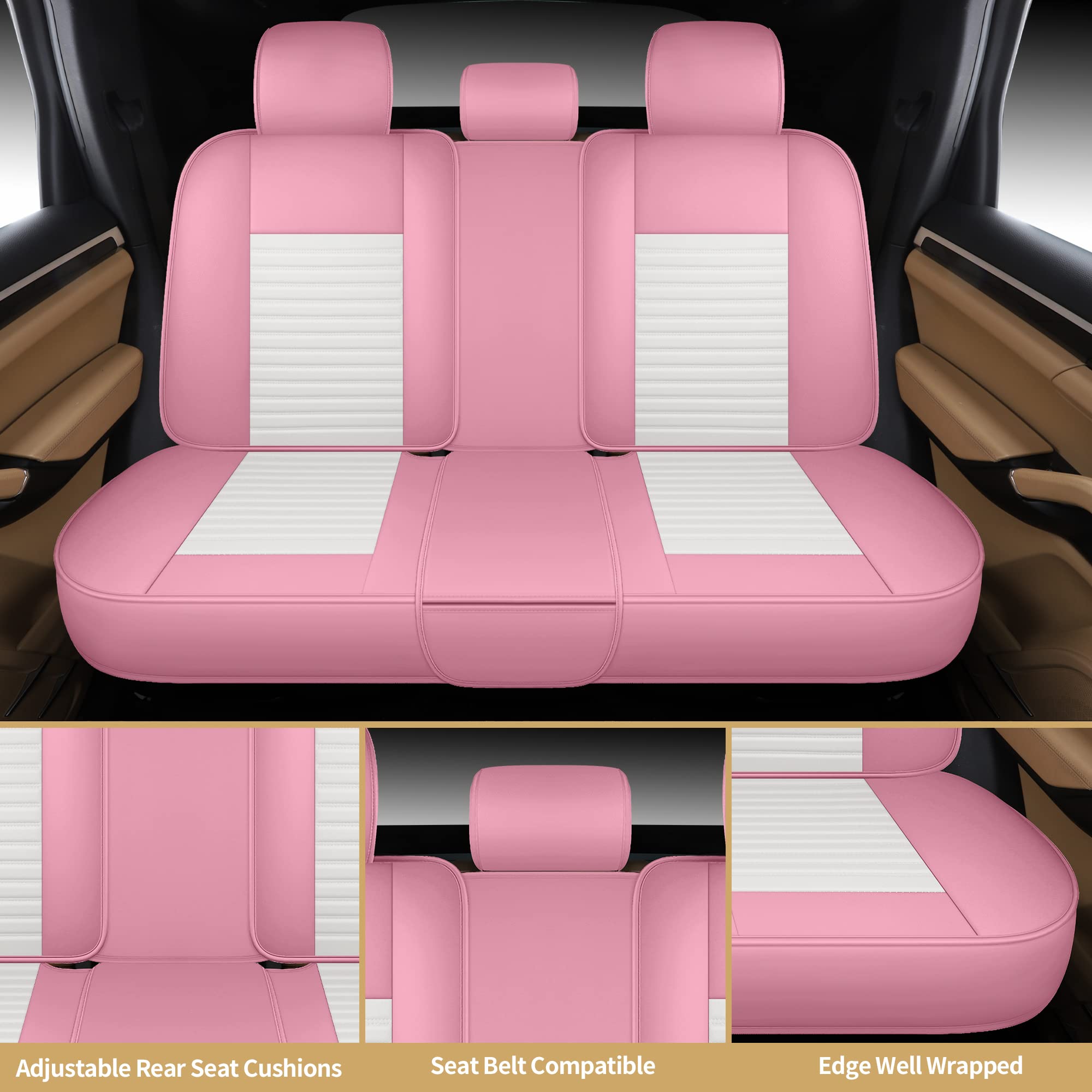 Aoog Pink Leather Car Seat Covers, Leatherette Automotive Seat Cover For Cars Suv Pick-Up Truck, Universal Non-Slip Car Seat Cov