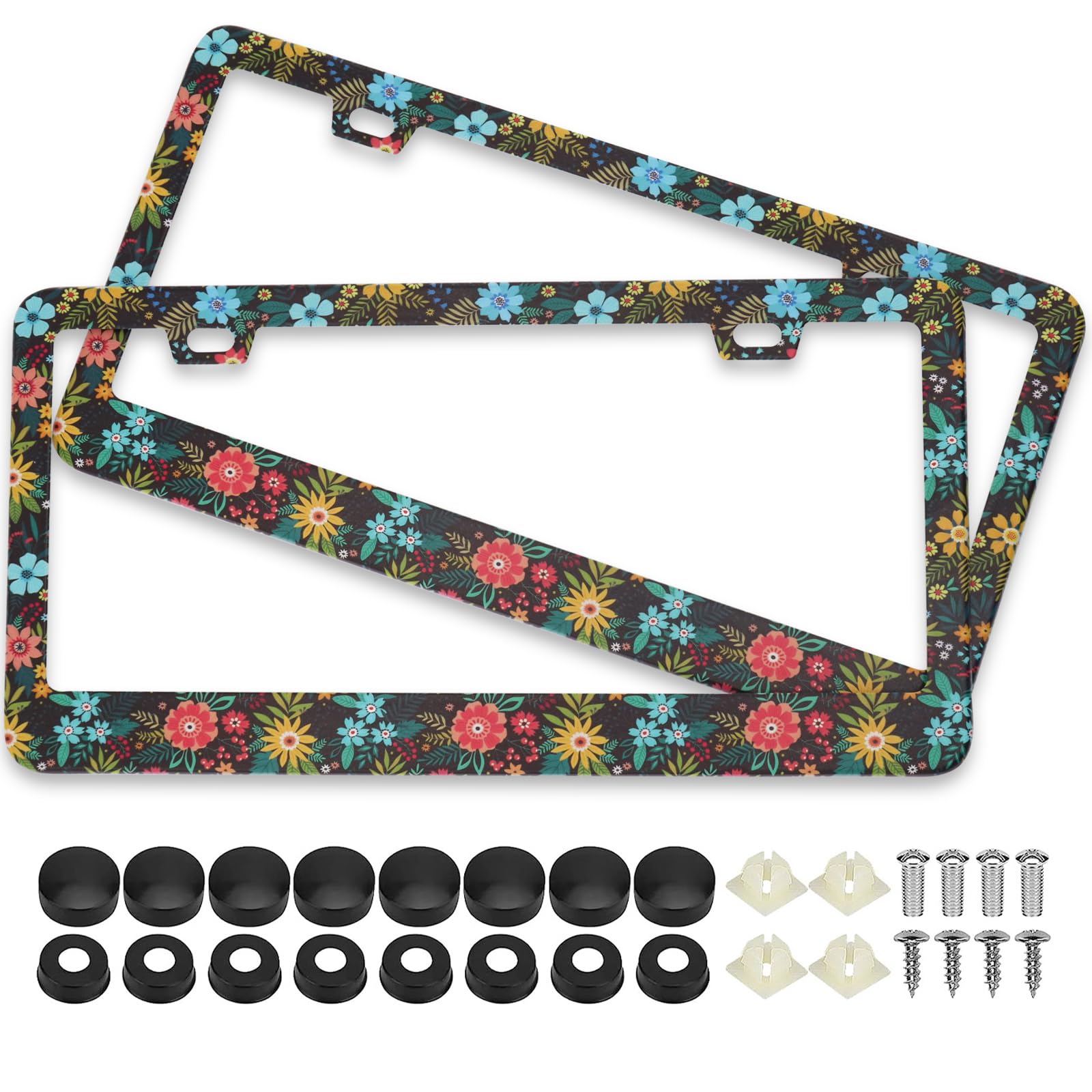 Colorful Flowers And Leaves License Plate Frames, 2 Pack Colorful Floral Car Plate Frame, Stainless Steel License Plate Holders
