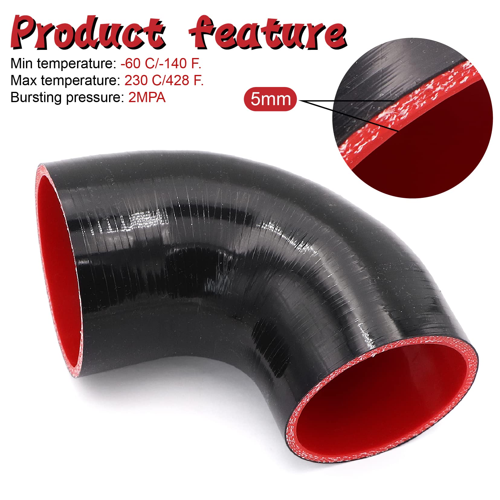 TuoLauthon 90 Degree 3 to 3-1/2 inch(76-89mm) Silicone Reducer Coupler Hose,4-Ply Reinforced,Length 4-in(102mm) with 2PCS clamps
