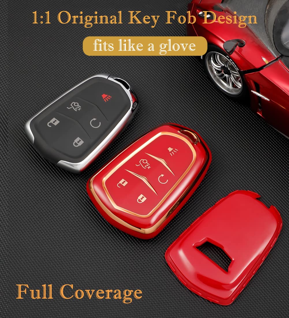 Cacacar For Cadillac Key Fob Cover With Keychain, For Cadillac Escalade Ats Cts Ct6 Sts Srx Xt5 Key Fob Case Premium Soft Tpu Full Protection Smart Key Holder (B-Ivory)