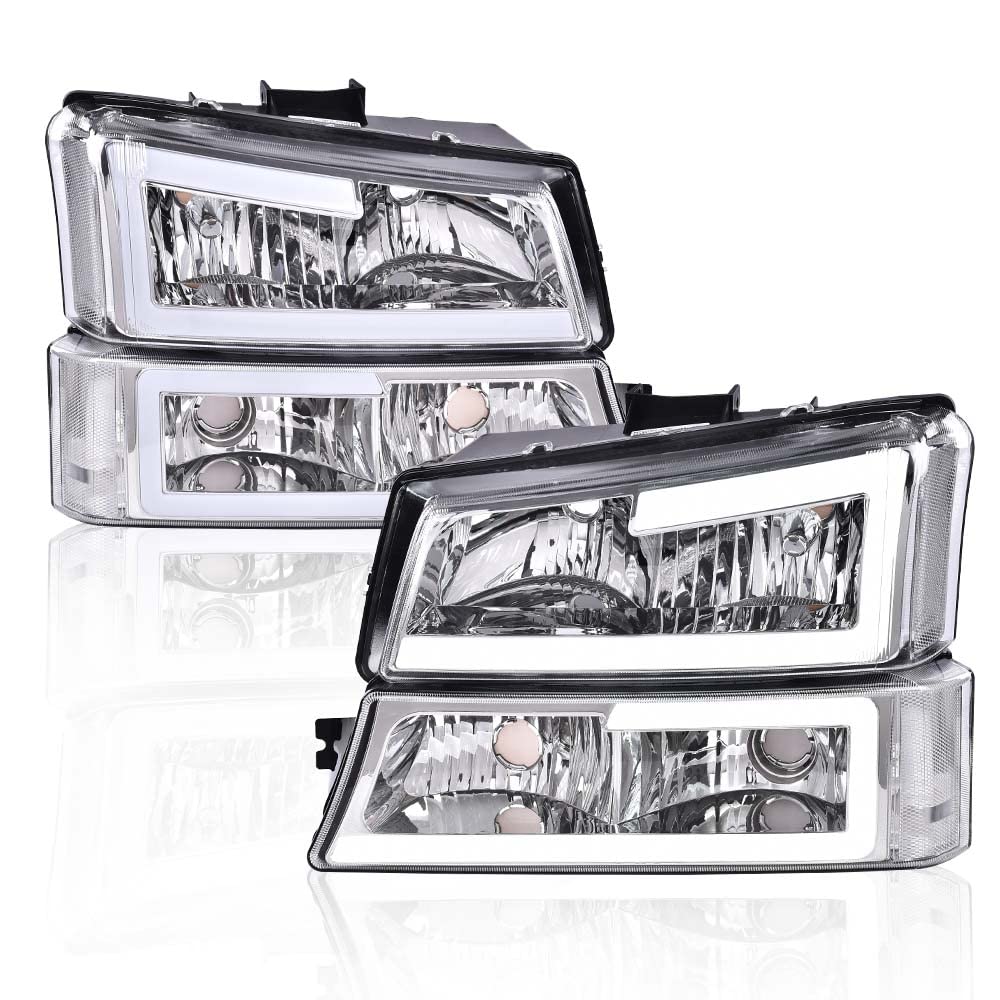 Pit66 Led Headlight, Compatible With 03-06 Chevy Silverado 1500 2500 3500 Hd Model/03-06 Avalanche 1500 2500(Fit No Cladding Only) Clear Lens Chrome Housing Clear Corner