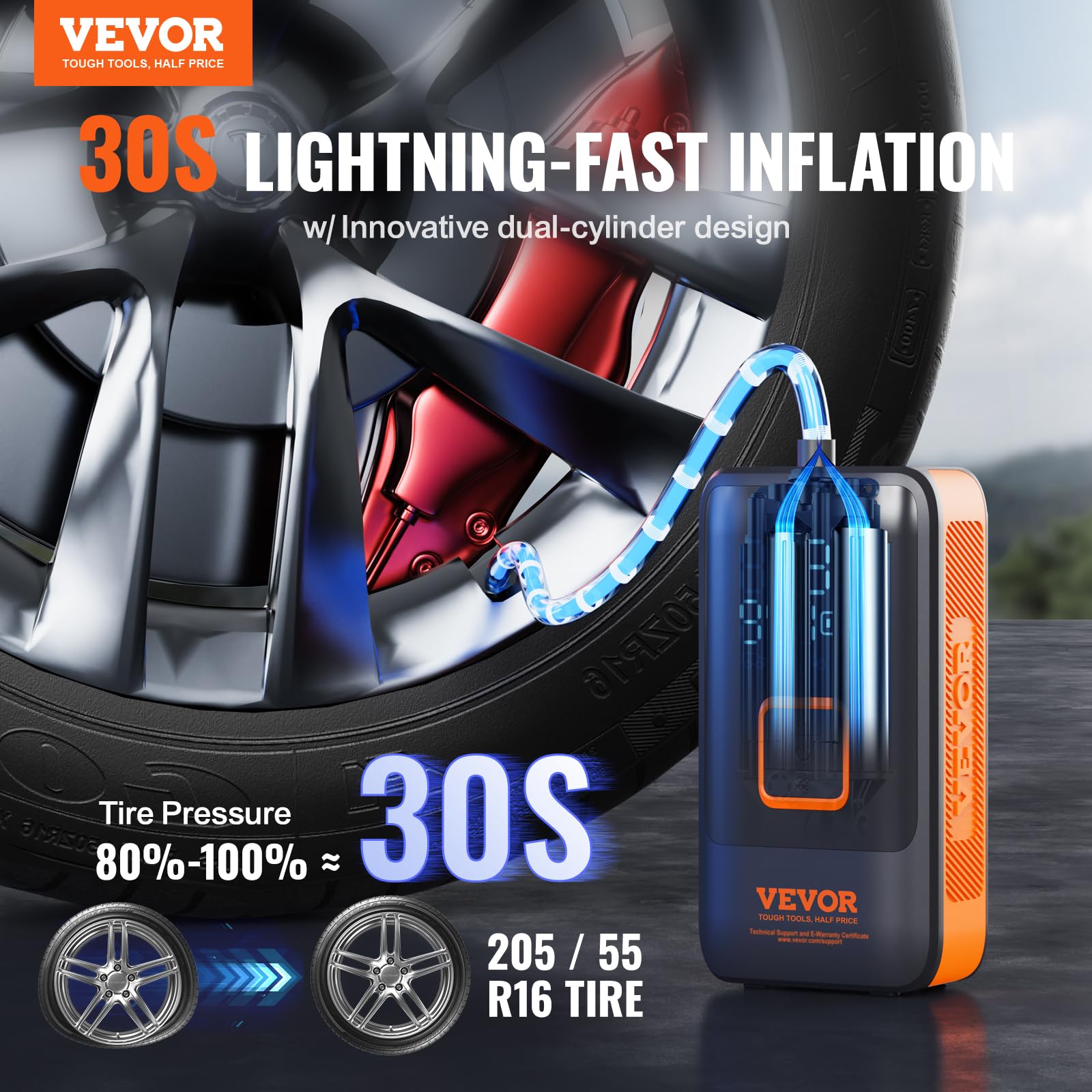 Vevor Tire Inflator Portable Air Compressor, 30S Fast Inflation Dual-Cylinder Air Pump, Cordless Air Compressor With 12000 Mah Battery Capacity, Lcd Screen For Mpv, Suv, Cars, Motorcycles
