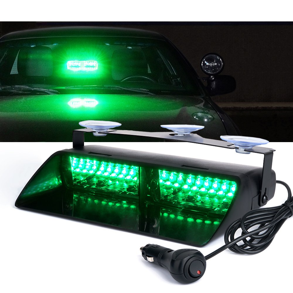 Xprite Green Led Emergency Dash Strobe Light, Interior Windshield Safety Warning Traffic Lights W/Suction Cups, 12V Windshield V