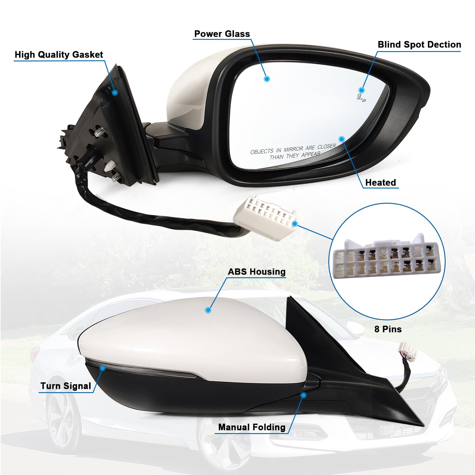 Lqito Right Passenger Side Mirror for 2018-2022 Honda Accord, Power Glass, Heated, Blind Spot, Turn Signal, ABS, 8Pins, Platinum White Pearl