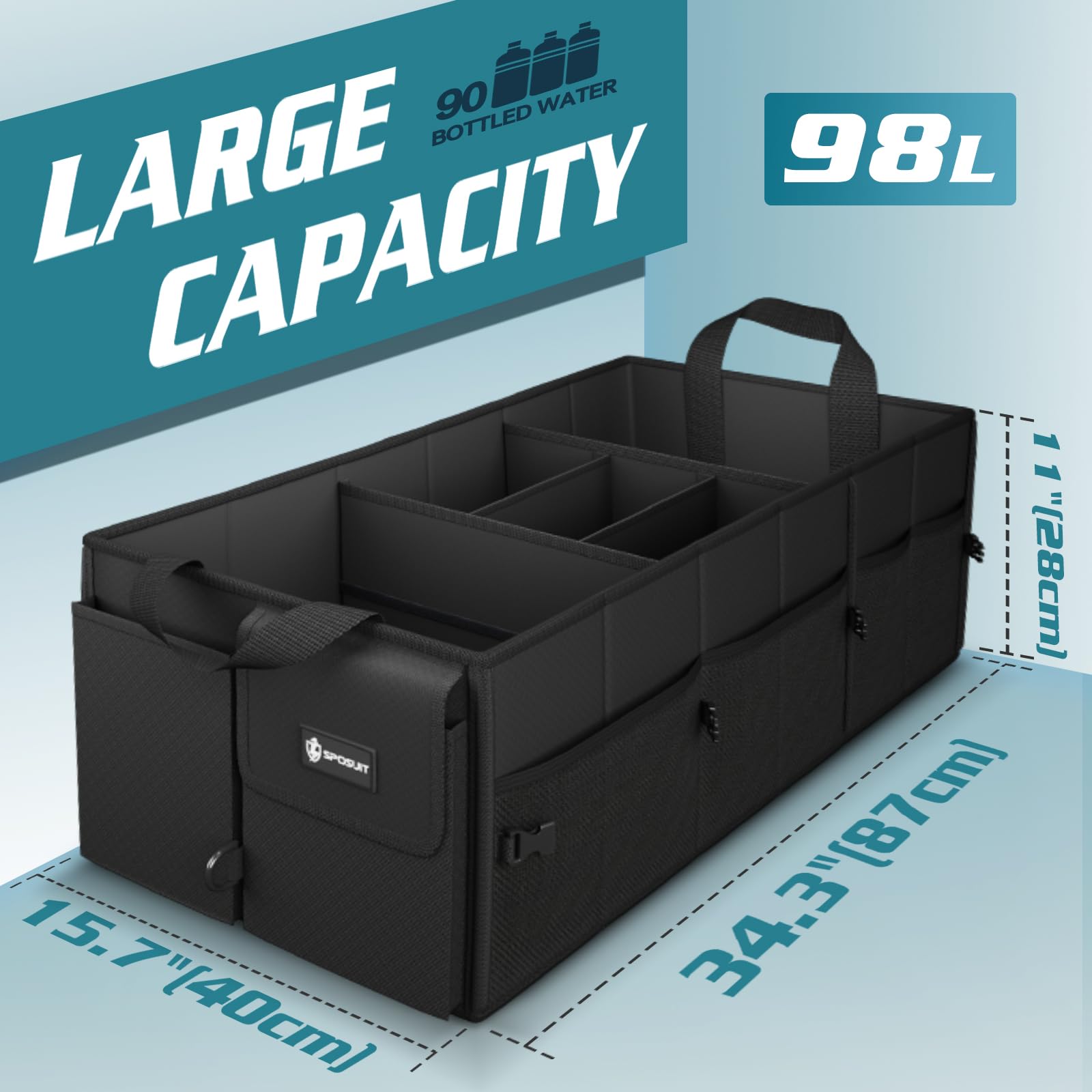 Sposuit Extra Large Trunk Organizer Collapsible Car Storage Trunk Organizer With Removable Dividers & Adjustable Securing Straps