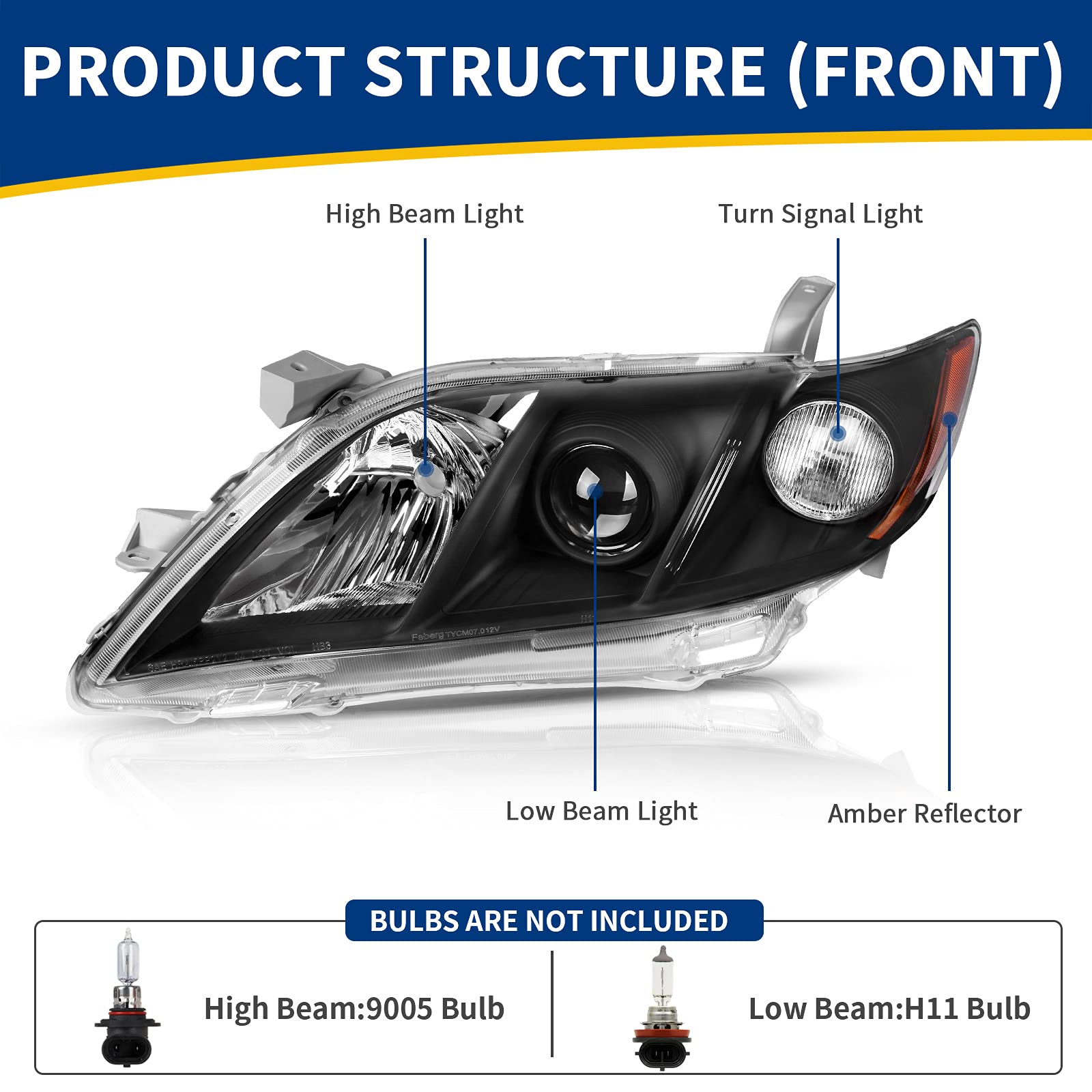 Autosaver88 Projector Headlight Assembly Compatible With 2007-2009 Camry Exclude Hybird Black Housing Amber Reflector Clear Lens