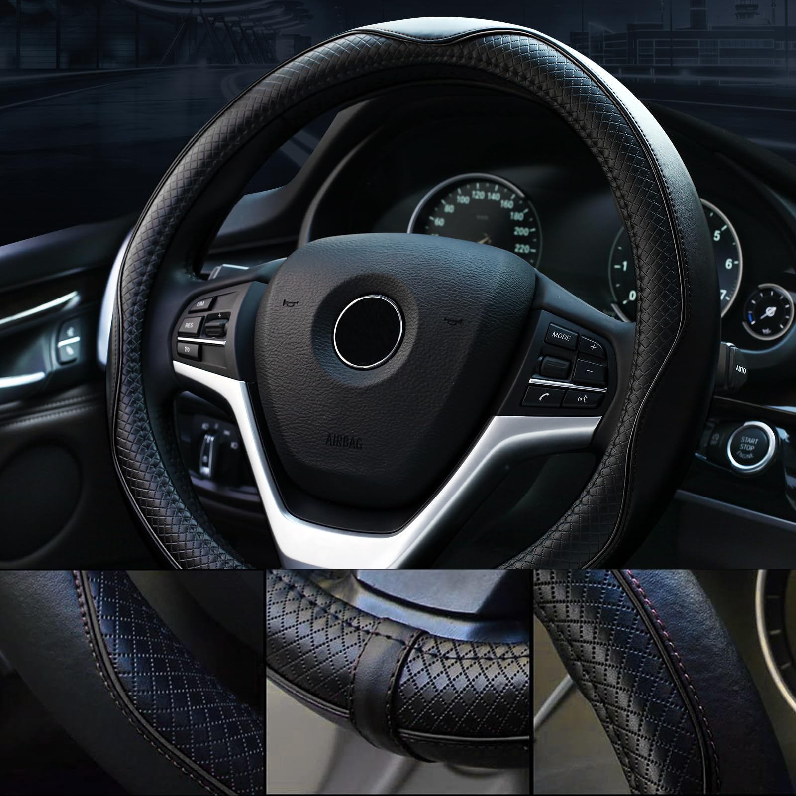 Valleycomfy Steering Wheel Covers Universal 15.75 Inch - Genuine Leather, Breathable, Anti Slip & Odor Free (Black With Black Li