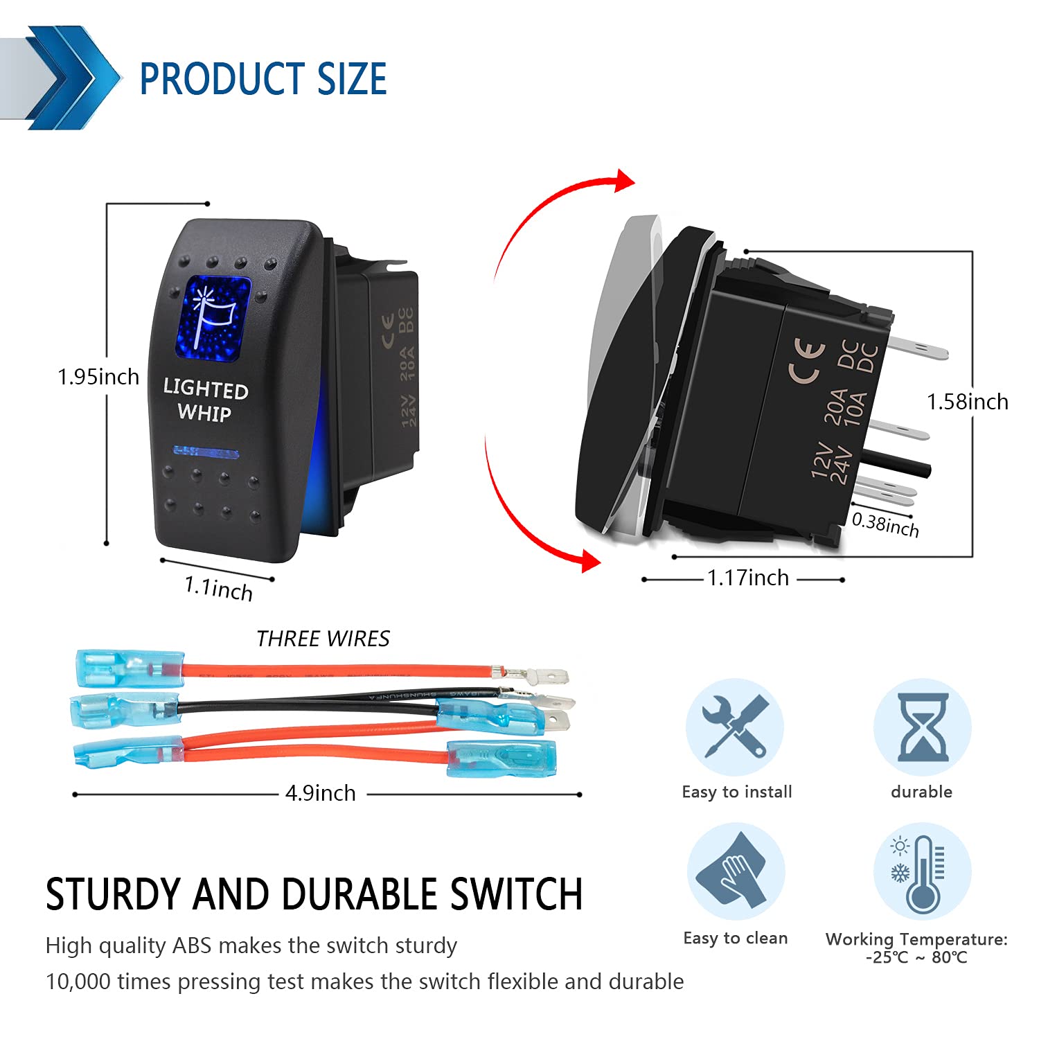 Lighted Whip Waterproof Rocker Switch Toggle - On/Off Blue Led Light - 12V 20Amp 24V 10Amp, 5 Pin For Automotive Cars Vehicles Marine Boats Trucks Trailers 4X4 Caravans Rvs Suv Atv Utv & More