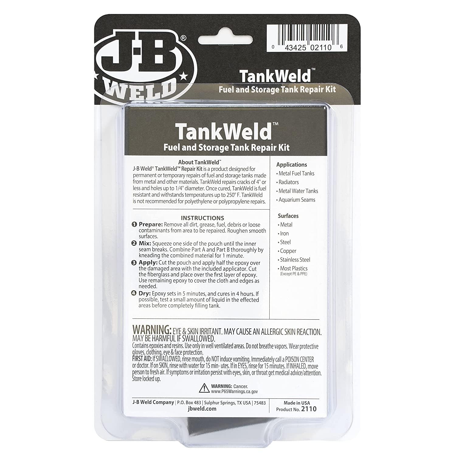 J-B Weld 2110 Metal Fuel Tank Repair Kit, Gray