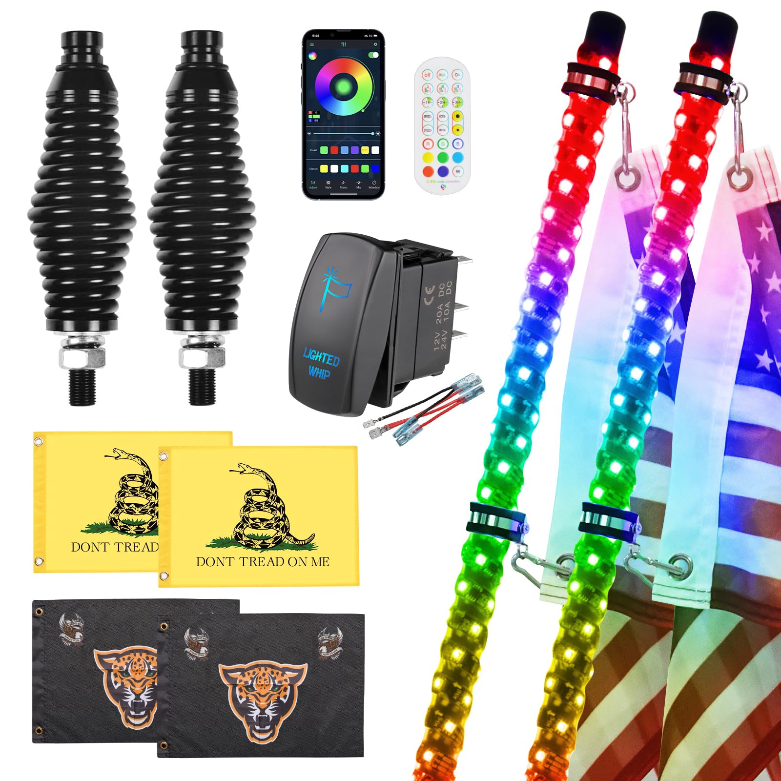 Ehaho 2 Pack 4Ft Whip Lights With Spring Base, Led Whip Light With App & Remote Control, Spiral Rgb Chasing Lighted Whips With Rocker Switch, Music Whip Light For Utv Atv Polaris Rzr Can-Am Sxs Truck