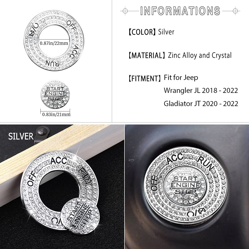 1797 For Jeep Wrangler Jl Accessories Gladiator Jt 2018 2019 2020 2021 2022 Bling Push Start Button Cover Engine Start Stop Button Cap Ring Sticker Trim Silver Crystal Pack Of 2