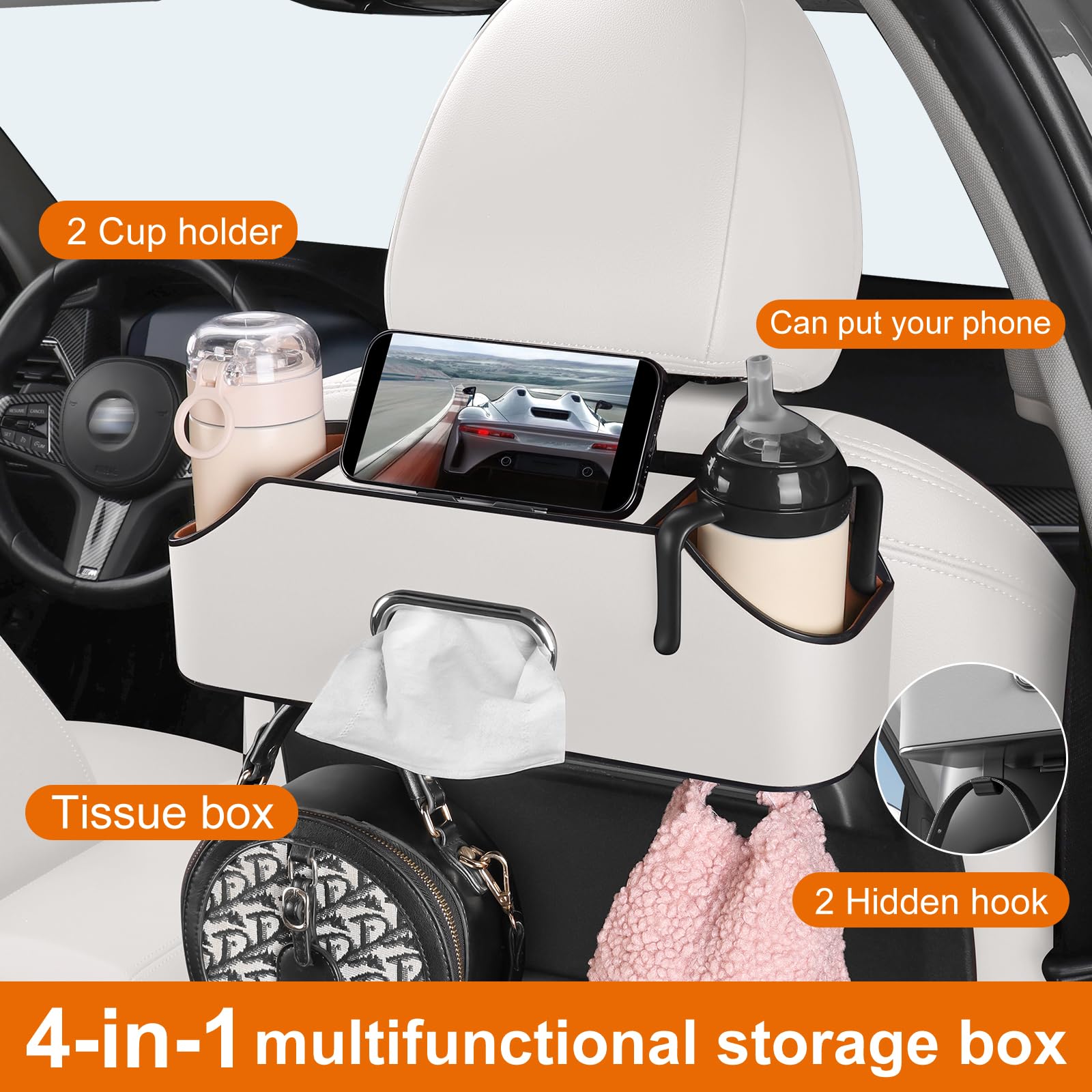 Sancaral Car Rear Backseat Extra Multifunctional Drink Cup Holder Organizers with Tissue Storage Box Organizer & Hooks for Car S