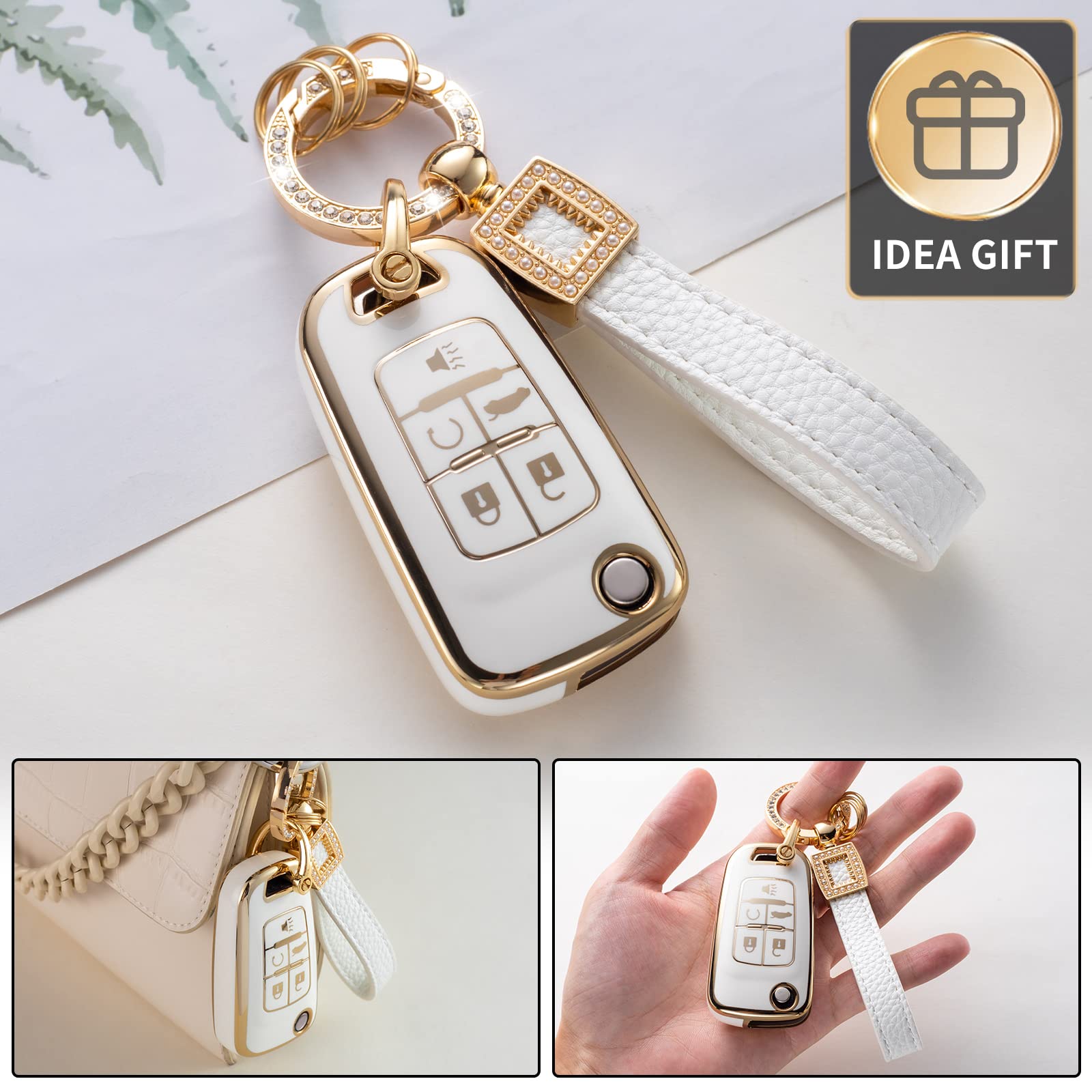 CACARLIKE for Chevy Key Fob Cover with Leather Lanyard, Car Key Fob Case Compatible with Chevrolet Equinox Camaro Cruze Malibu S