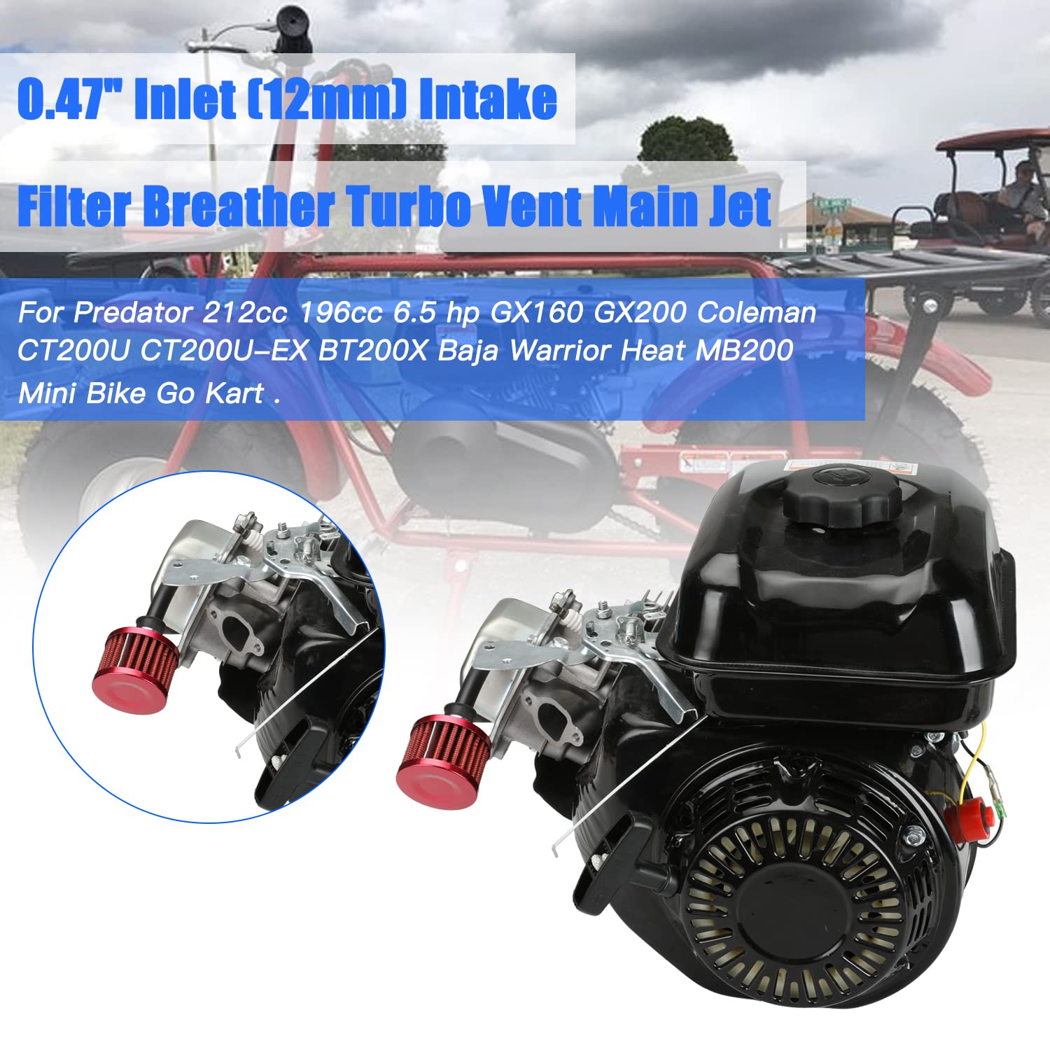 Yoxufa 12Mm Air Filter Breather Cleaner Main Jet Assembly For Predator 212Cc 224Cc 196Cc 6.5Hp Engine Coleman Ct200U Ct200U-Ex Bt200X Baja Warrior Mb200 Gx200 Mini Bike Powersports Parts