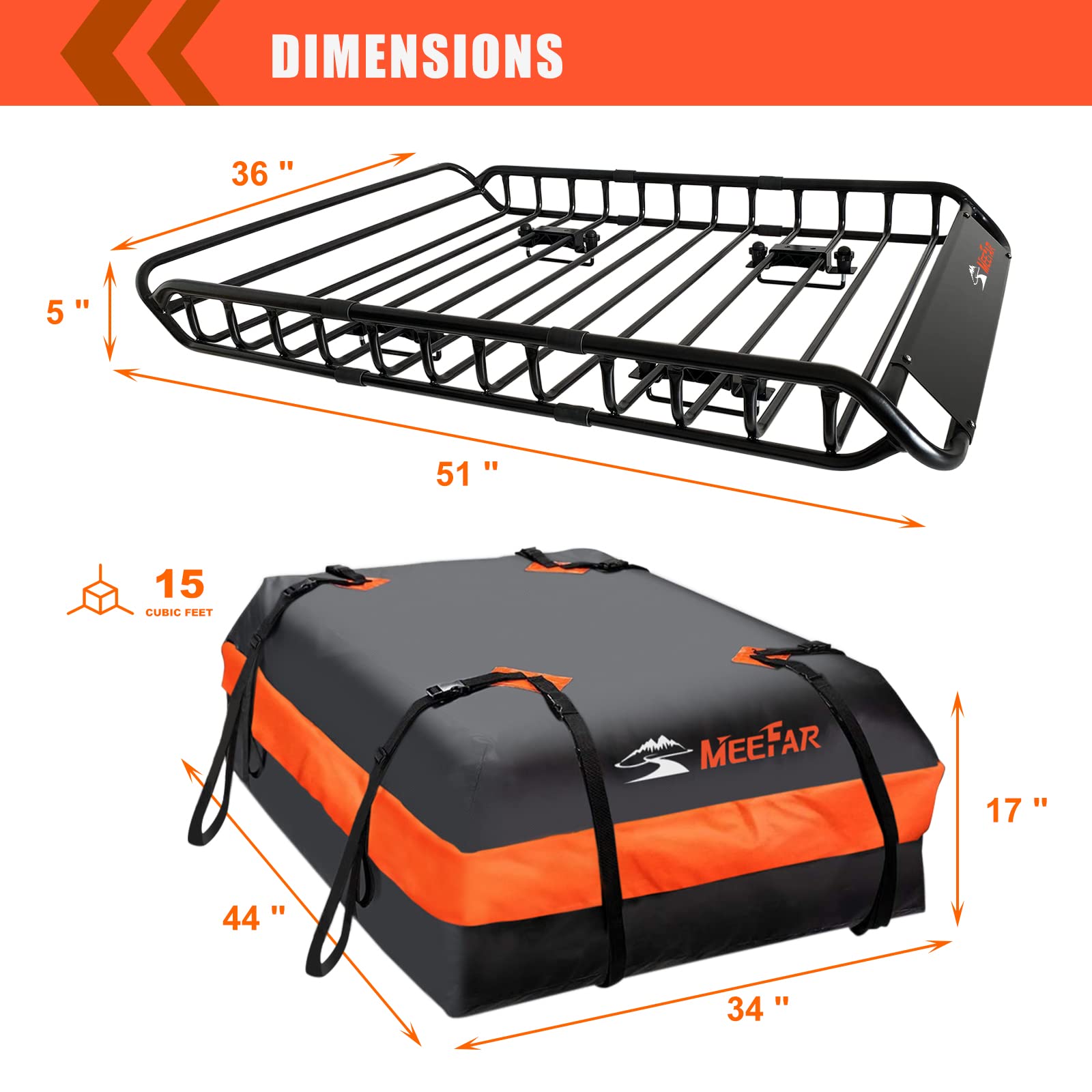 Meefar Roof Rack Carrier Basket Universal Rooftop Cargo Carrier Basket 51'' X 36'' X 5'' + Waterproof Cargo Bag 15 Cubic Feet (4