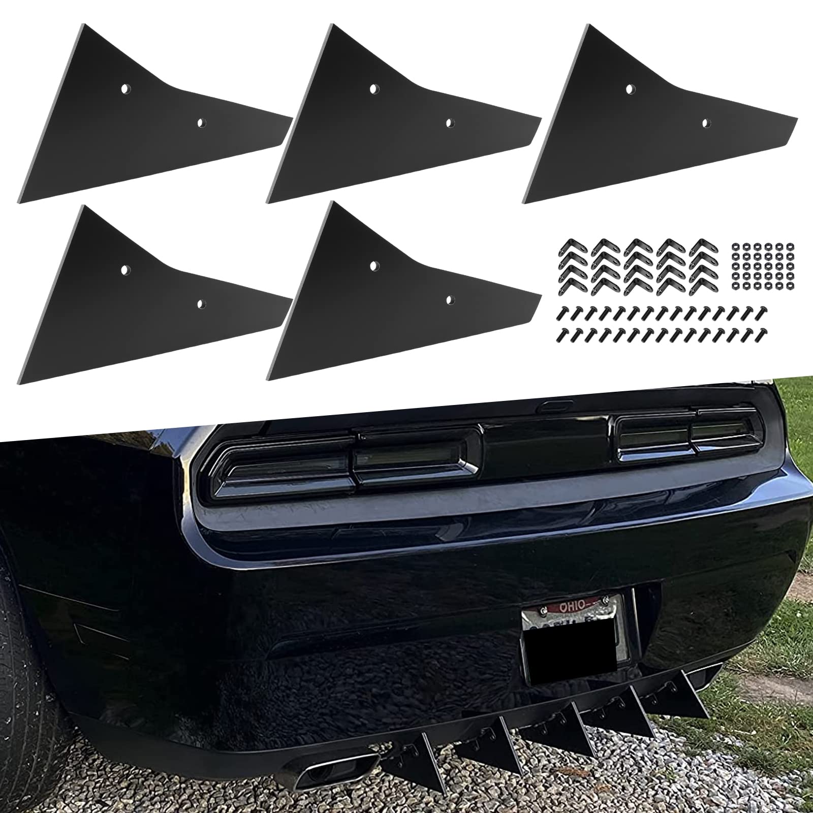 Rear Diffuser 5 Fins Set for Dodge Challenger SXT SRT RT Hellcat 2009-2014, Black Rear Bumper Lip Diffuser Shark Fins